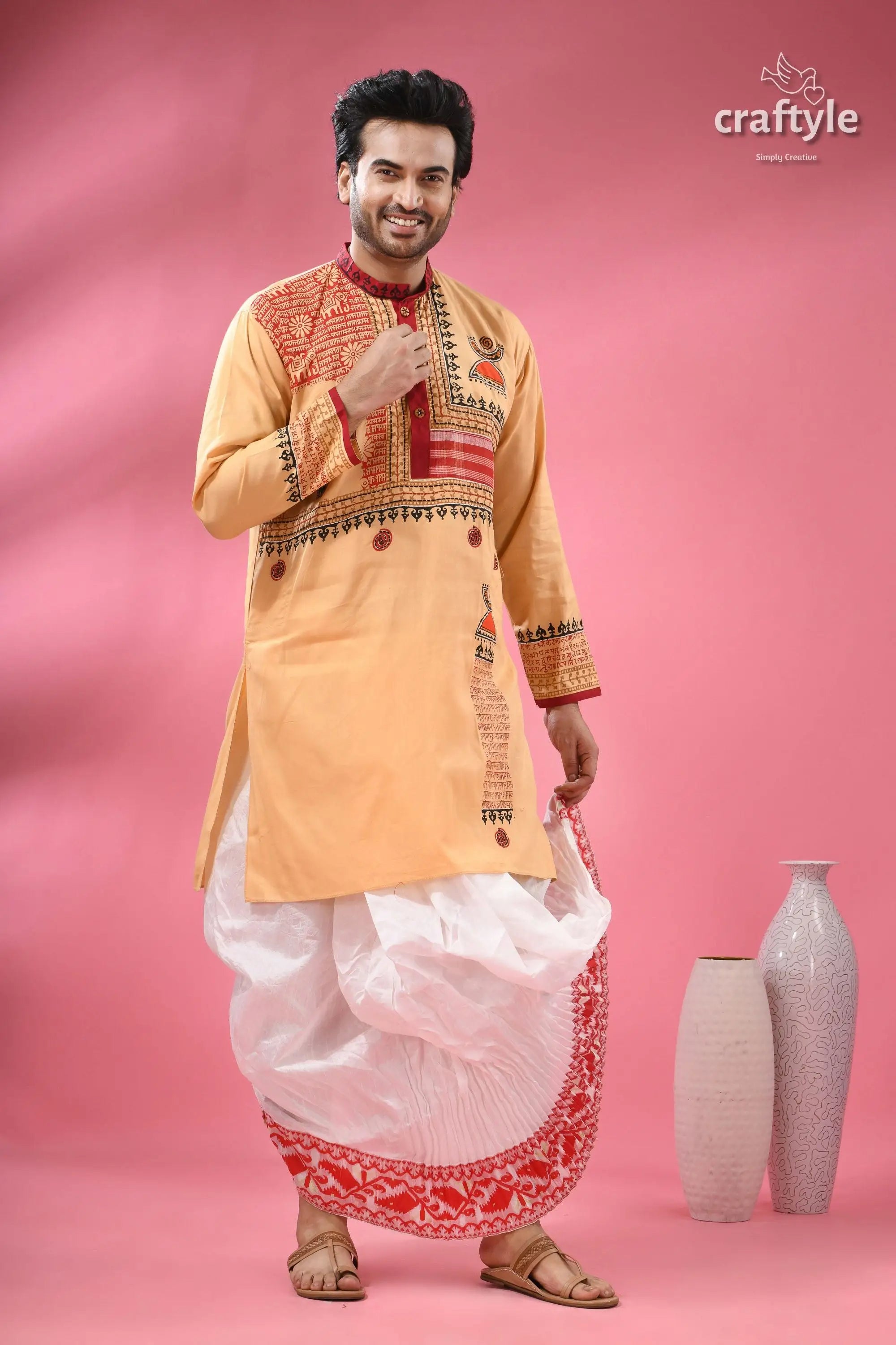 Hand block printed cotton punjabi with applique ethnic men’s wear men’s embroidered traditional kurta dhoti 6