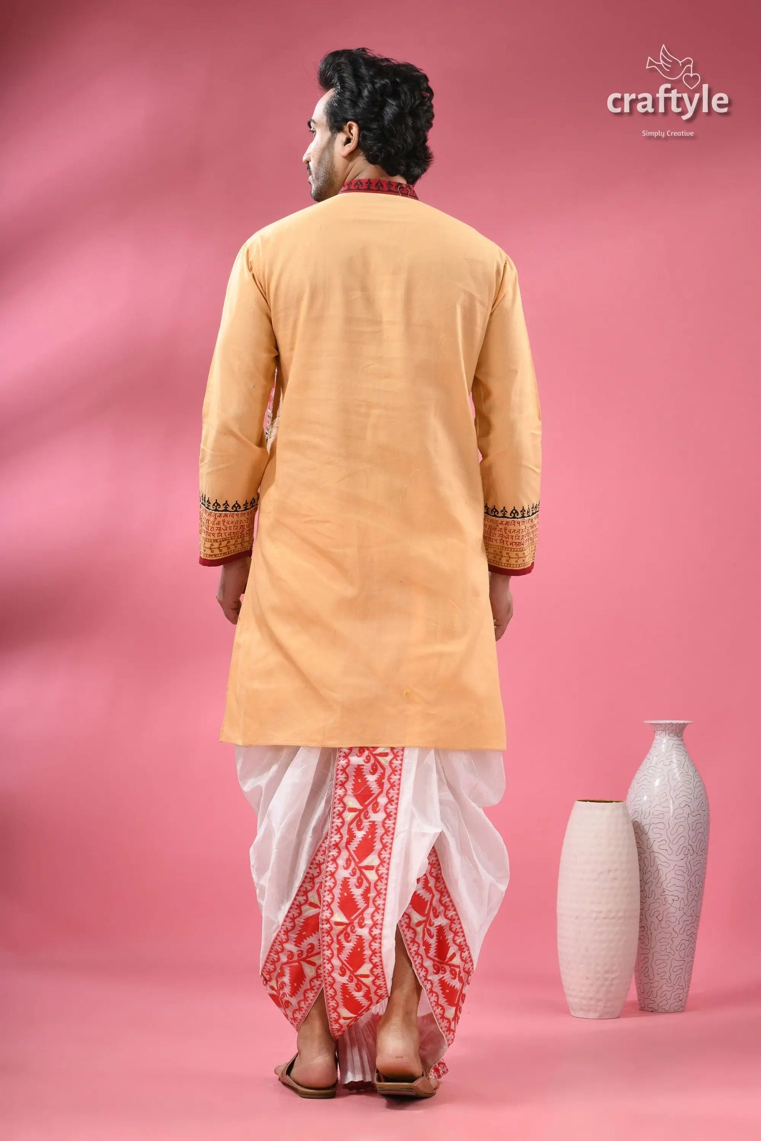 Hand block printed cotton punjabi with applique ethnic men’s wear men’s peach colored kurta white red 8
