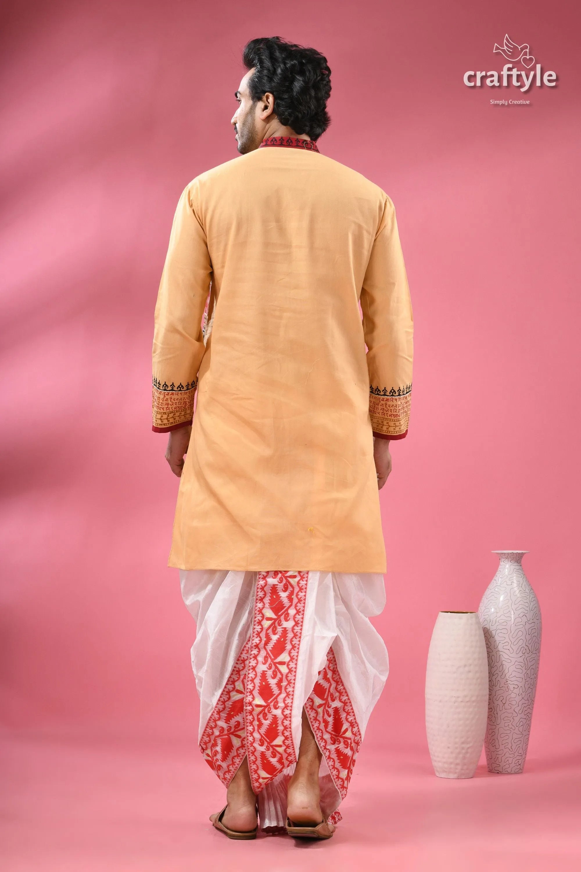 Hand block printed cotton punjabi with applique - ethnic men’s wear men’s peach-colored kurta white red 8