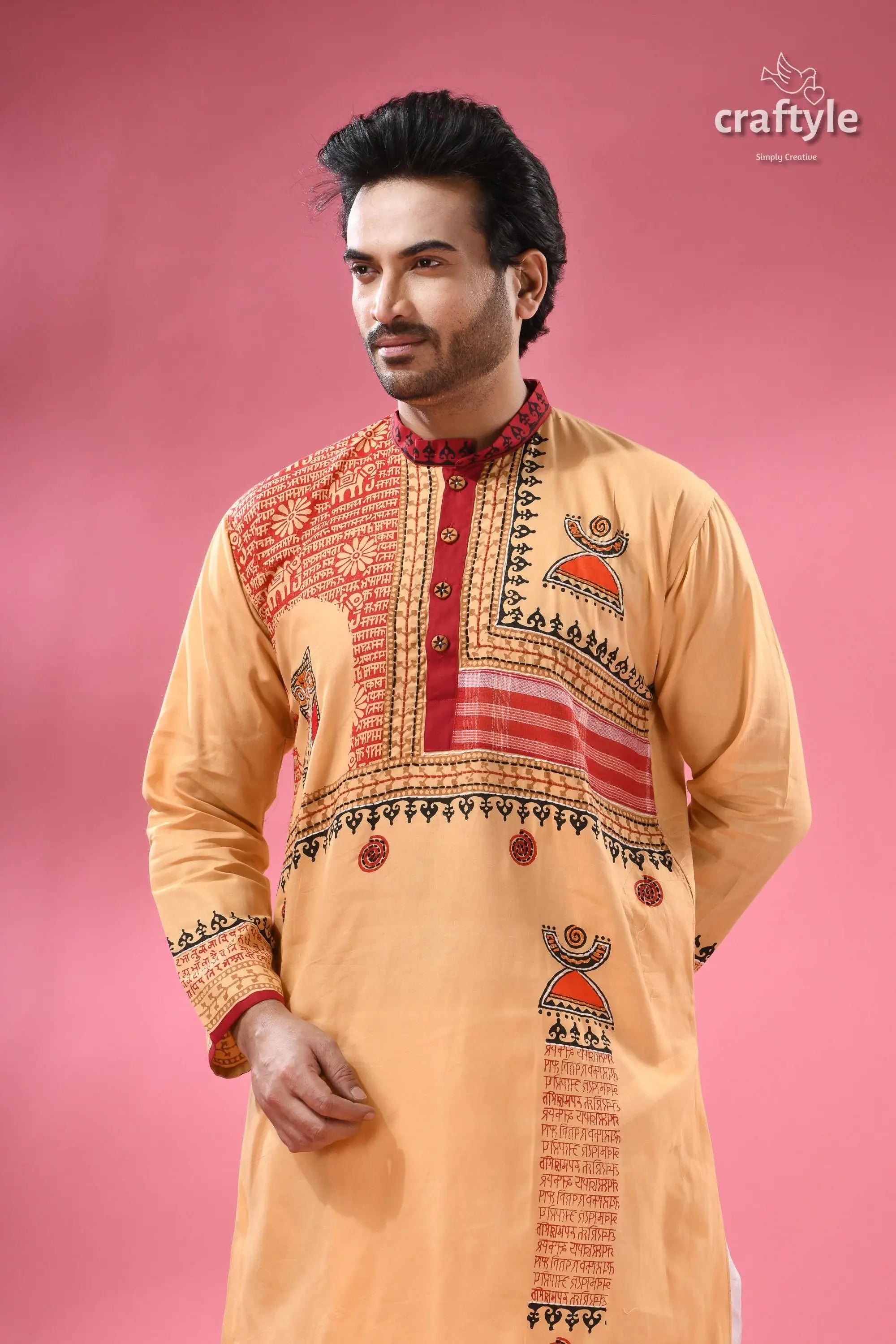 Hand block printed cotton punjabi with applique ethnic men’s wear men’s light orange long sleeved kurta 2