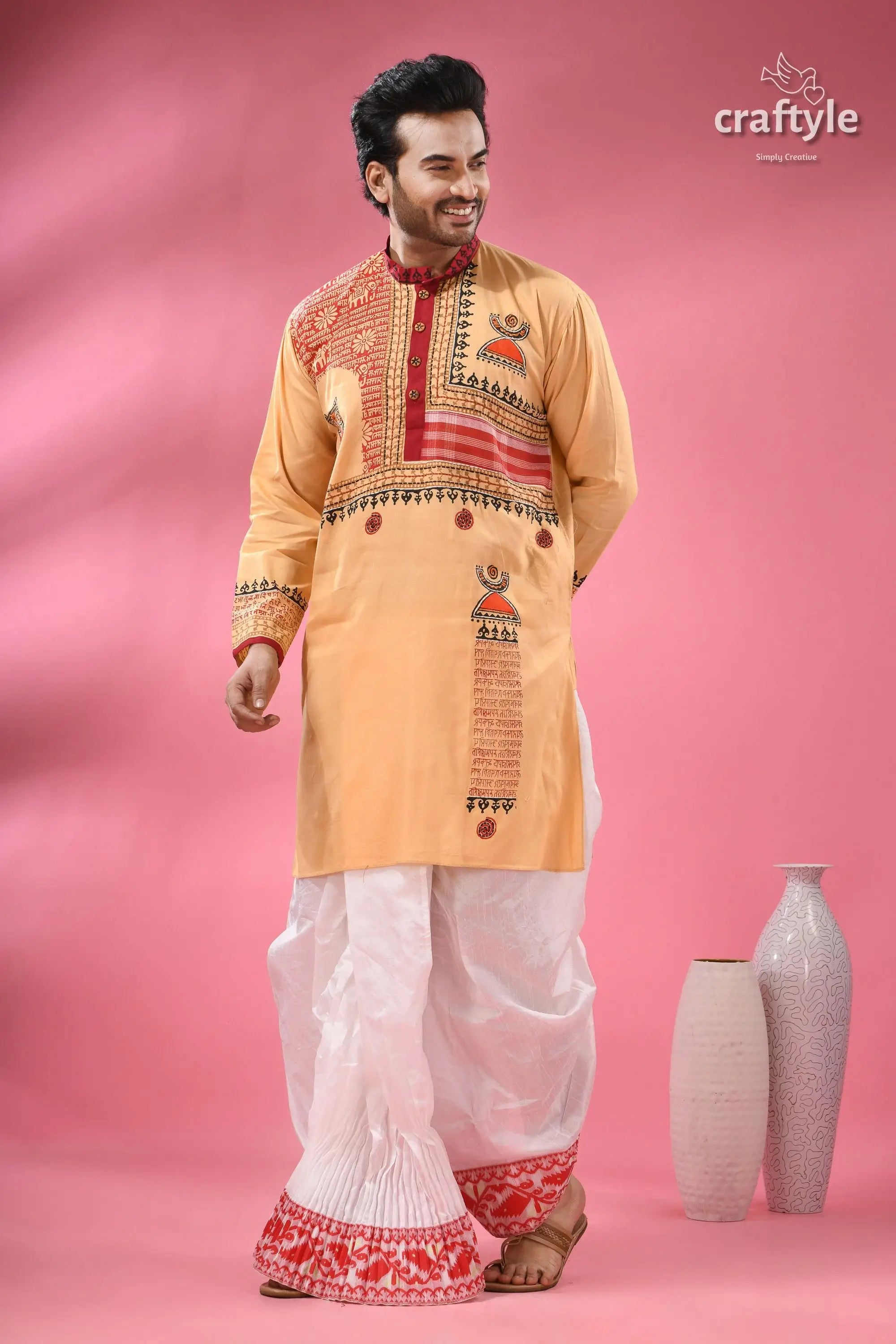 Hand block printed cotton punjabi with applique ethnic men’s wear men’s embroidered kurta dhoti set 3