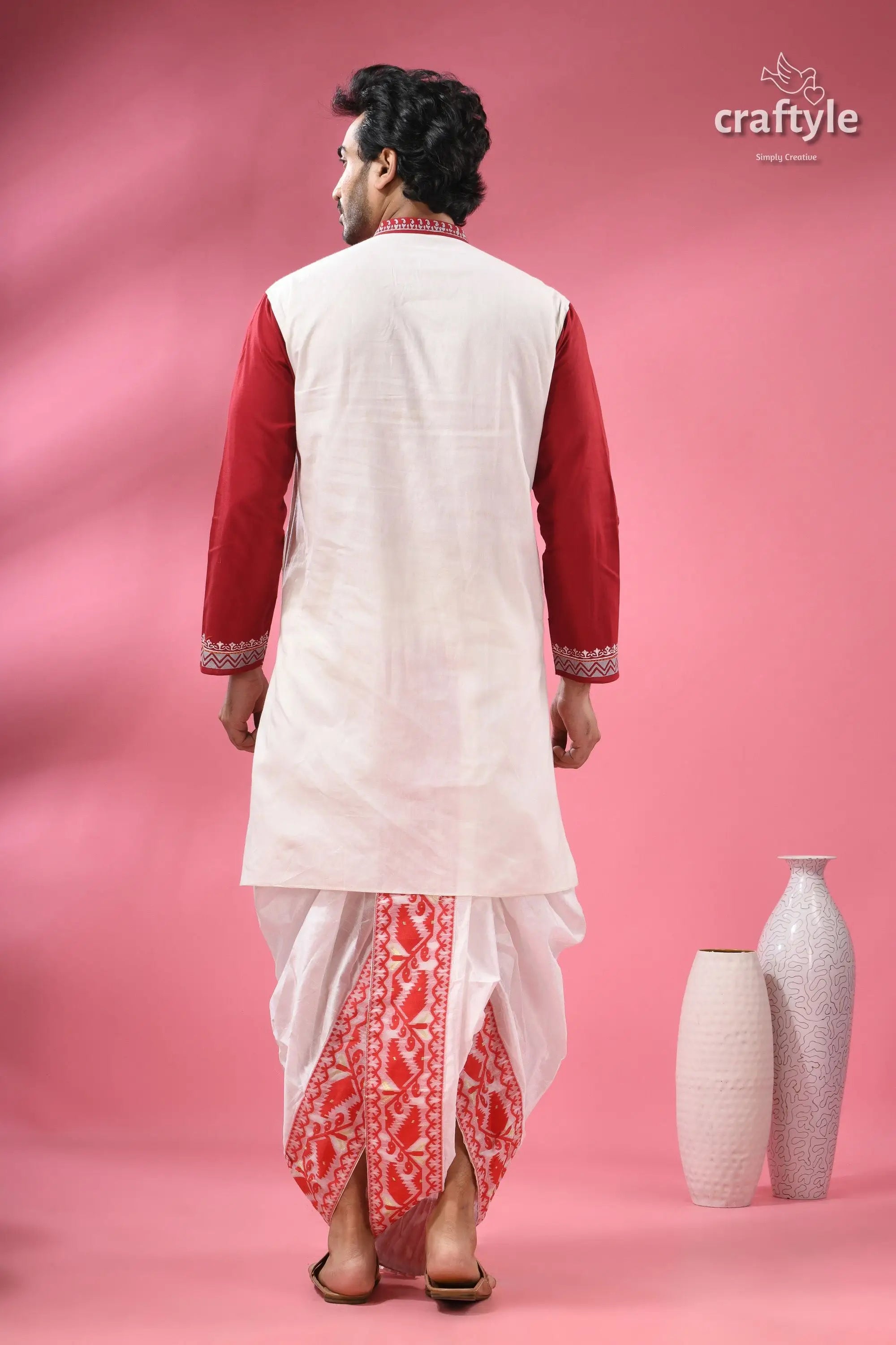 Hand block printed men’s panjabi with applique & embroidery men’s white kurta red sleeves 8