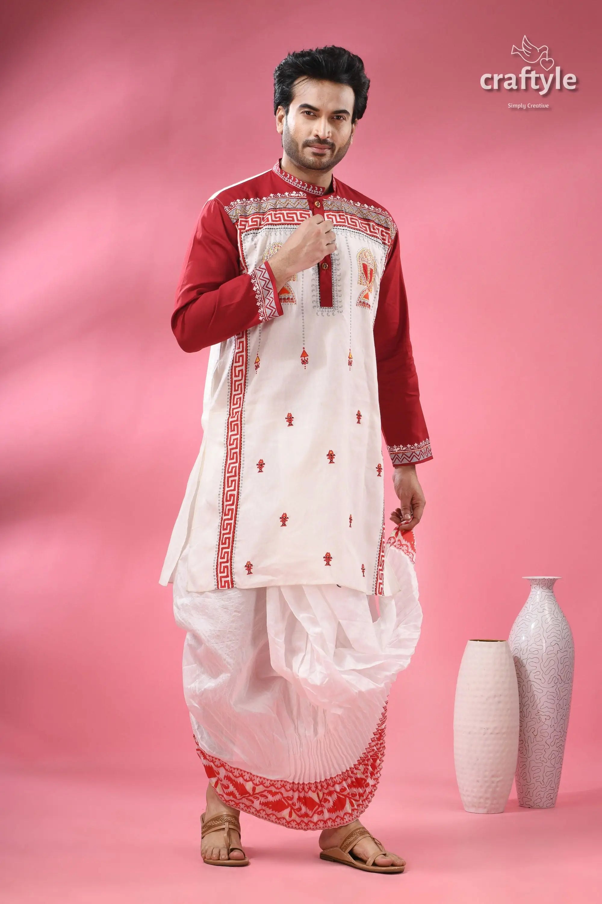 Hand block printed men’s panjabi with applique & embroidery men’s embroidered maroon white kurta 7