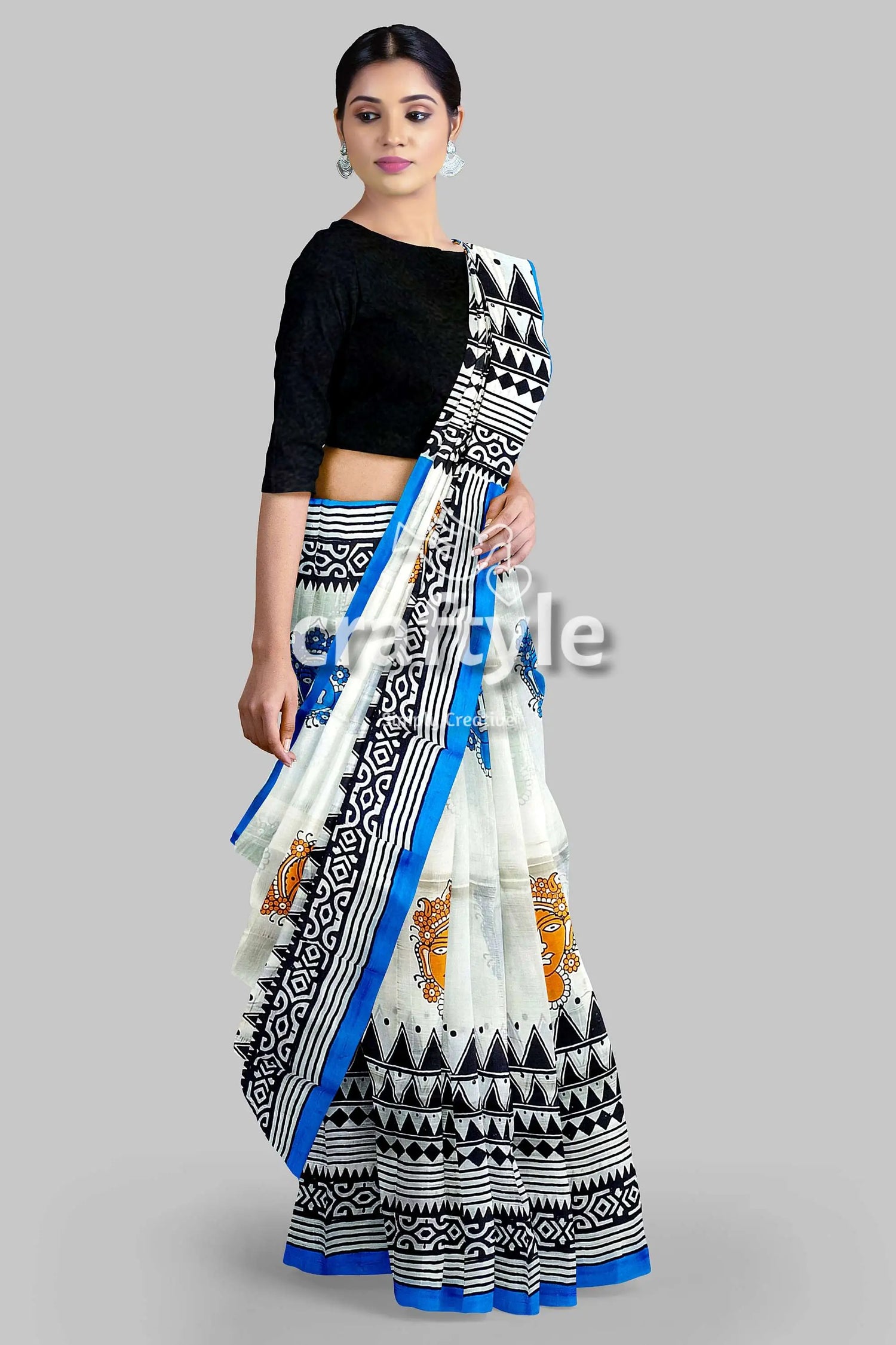 Hand block printed mulberry pure silk saree - goddess motif design woman patterned saree 4