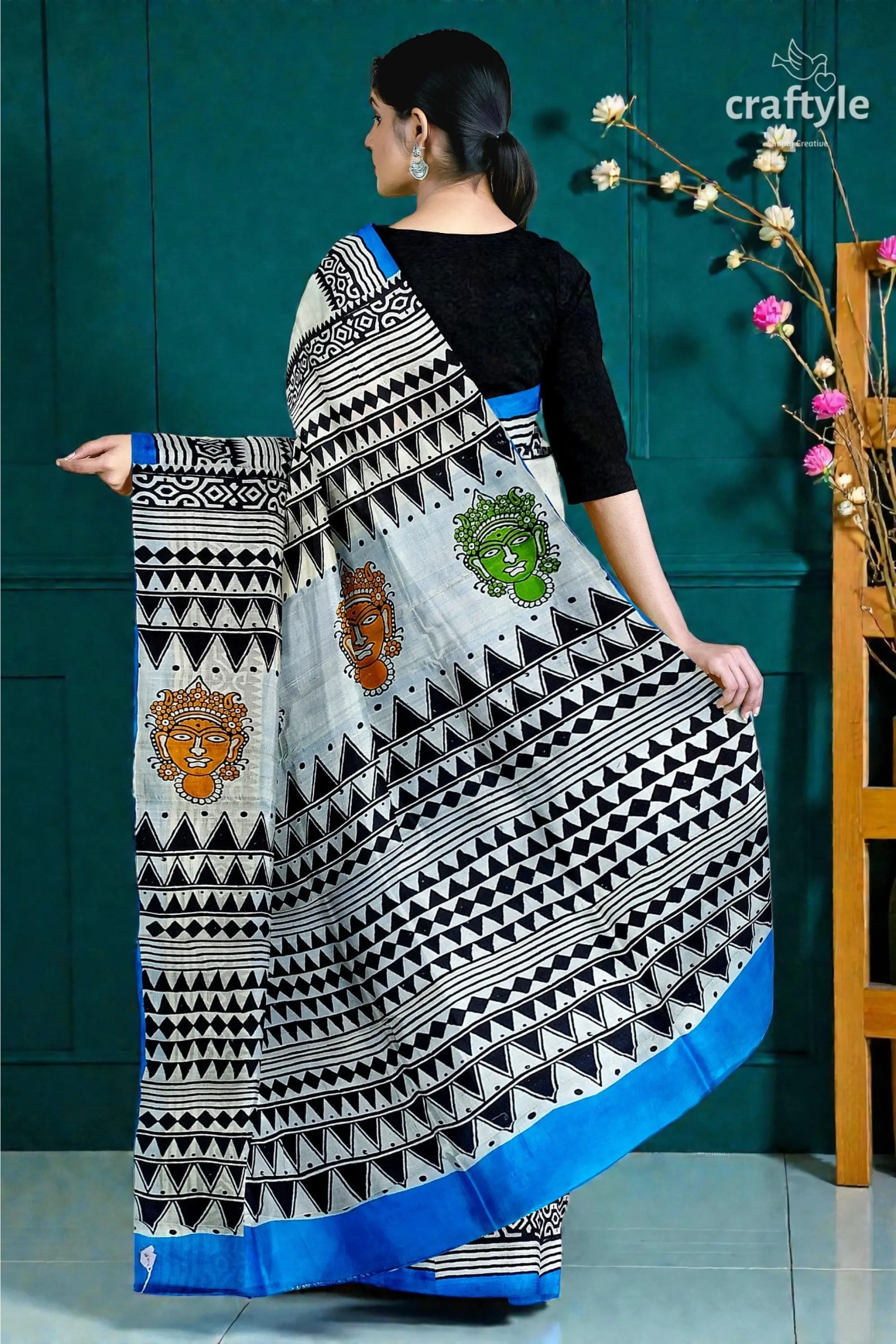 Hand block printed mulberry pure silk saree - goddess motif design 5