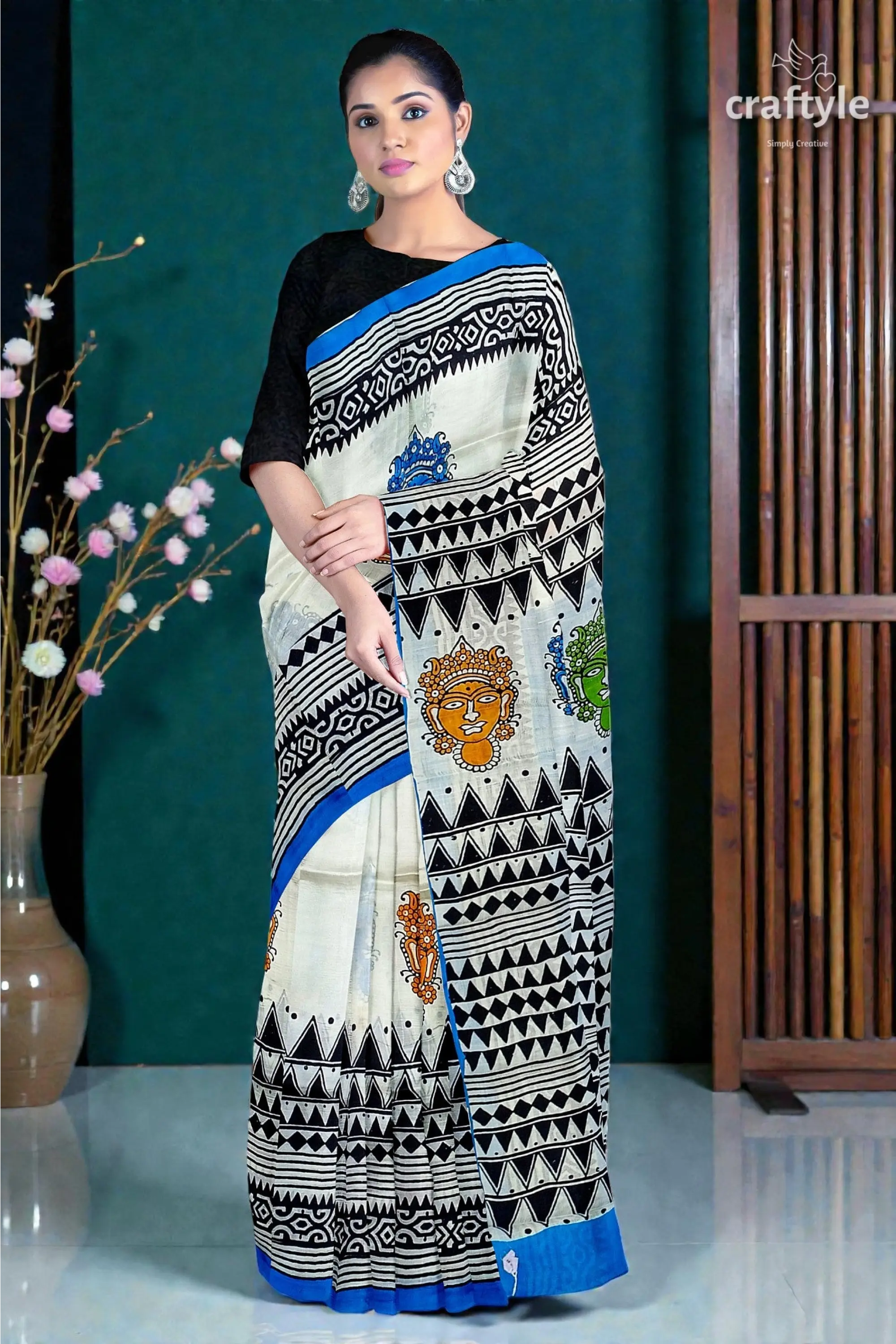 Hand block printed mulberry pure silk saree - goddess motif design 1