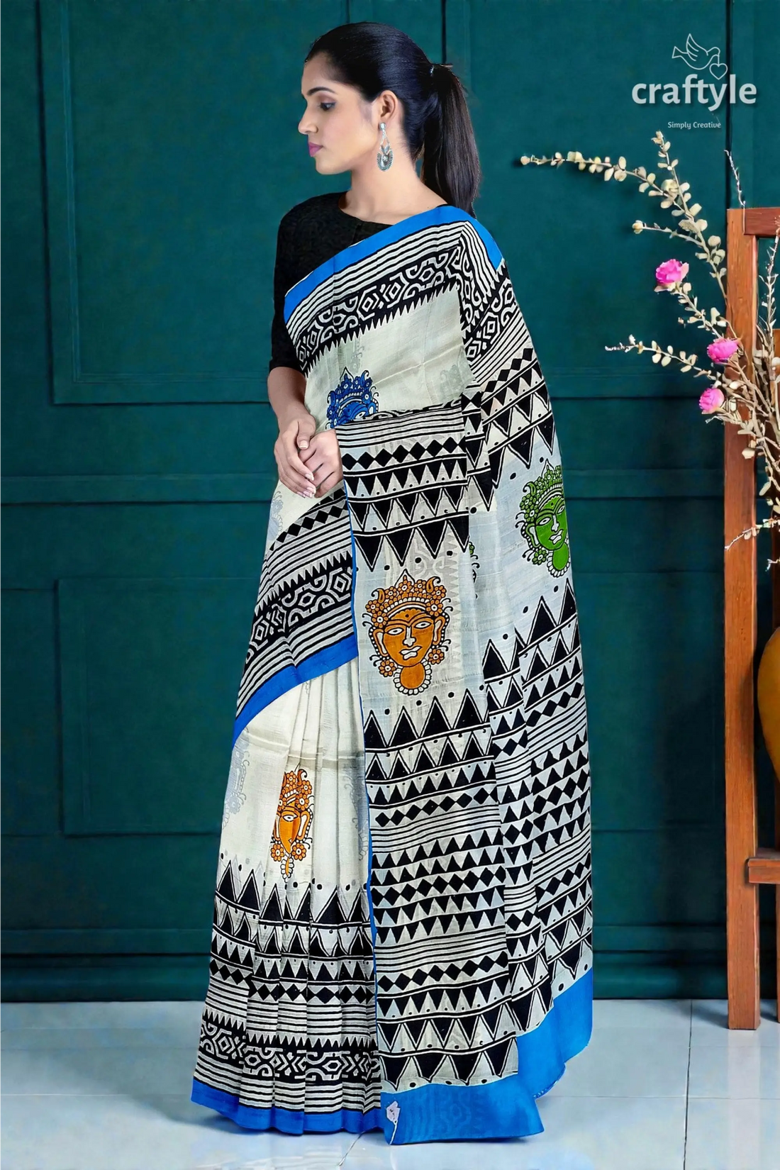 Hand block printed mulberry pure silk saree - goddess motif design 2