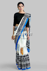 Hand block printed mulberry pure silk saree - goddess motif design woman white saree black blue 3