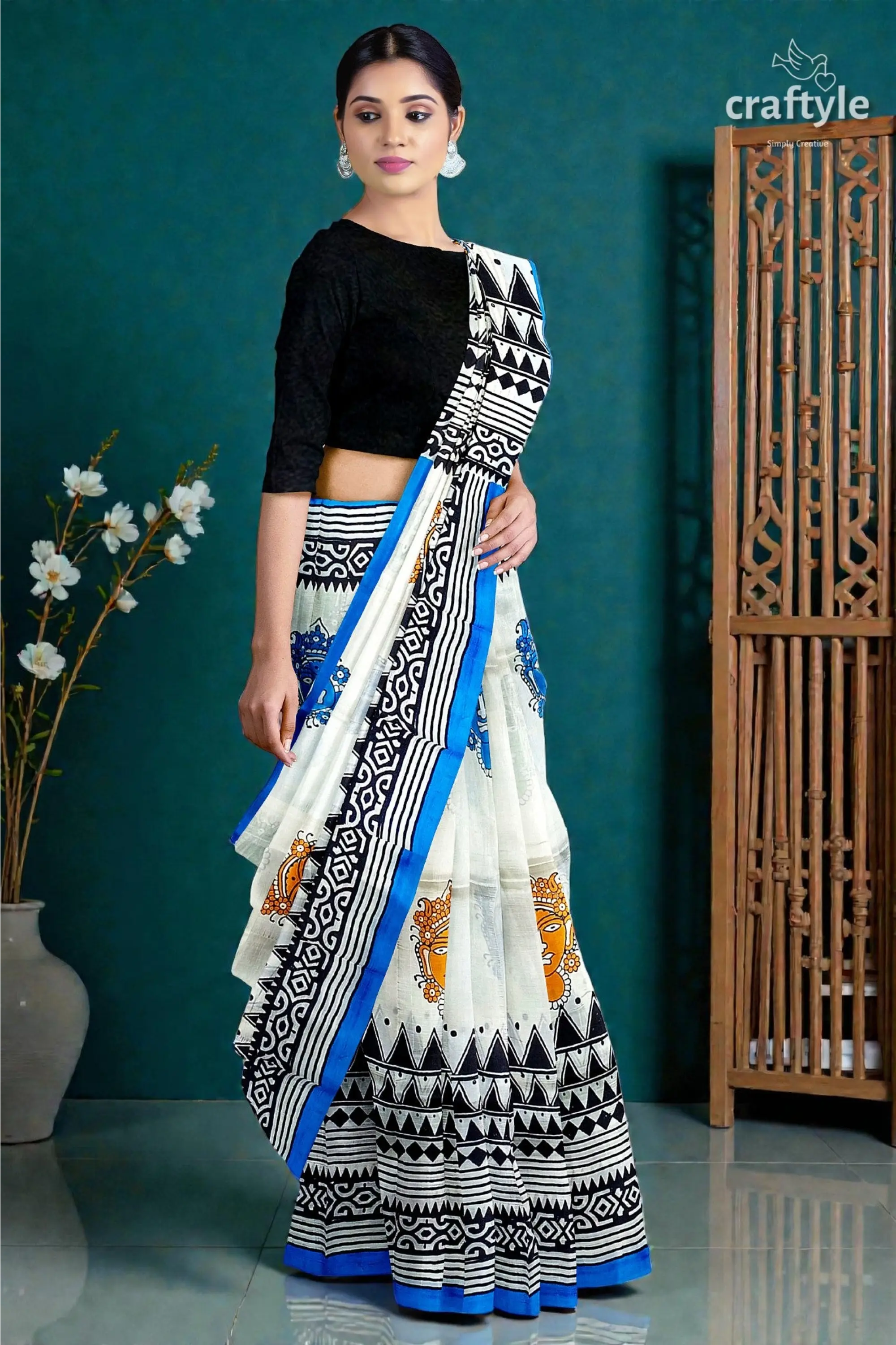 Hand block printed mulberry pure silk saree - goddess motif design 4