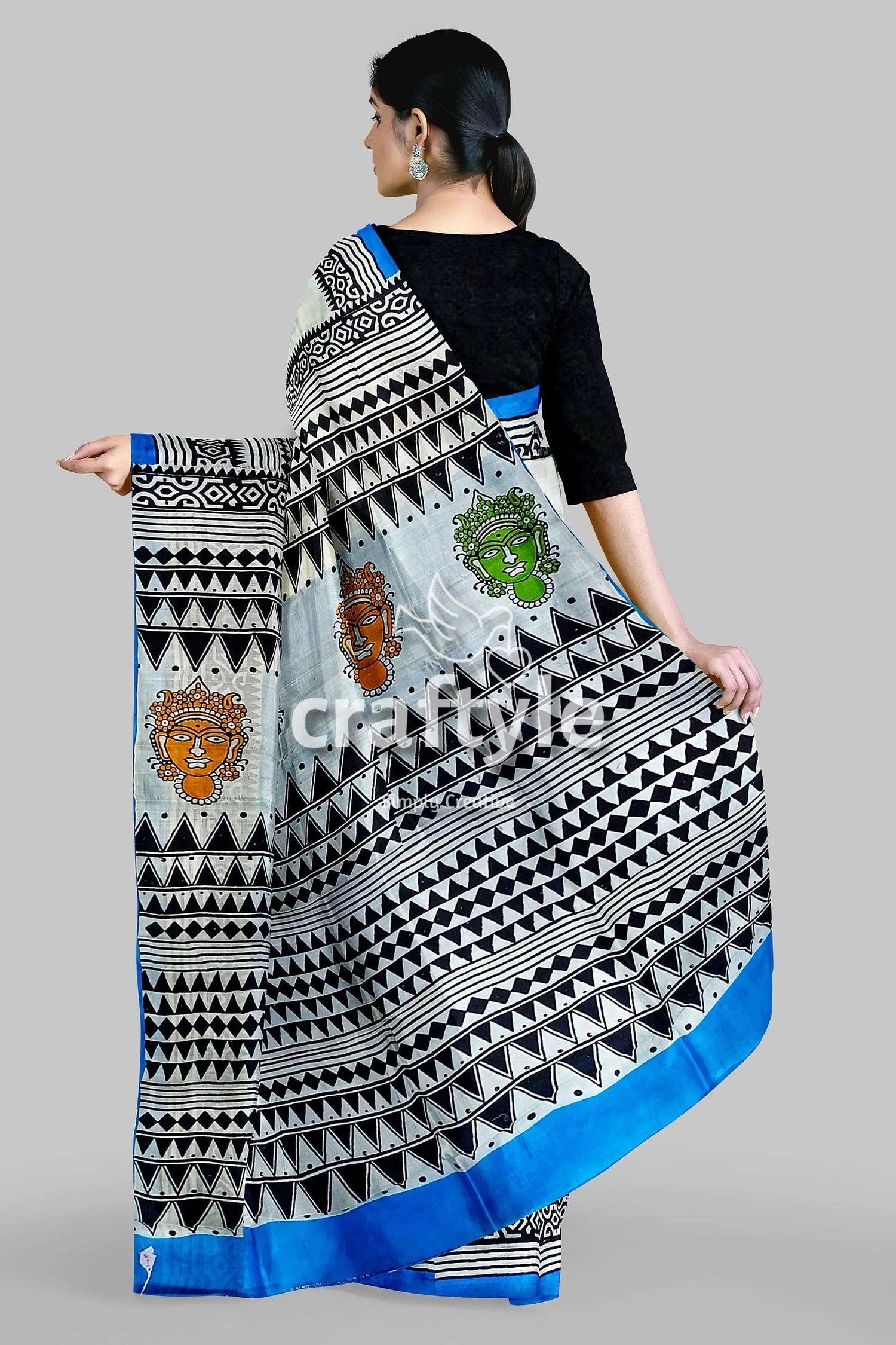 Hand block printed mulberry pure silk saree - goddess motif design woman patterned saree 6