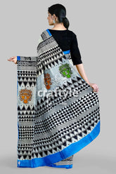 Hand block printed mulberry pure silk saree - goddess motif design woman patterned saree 6