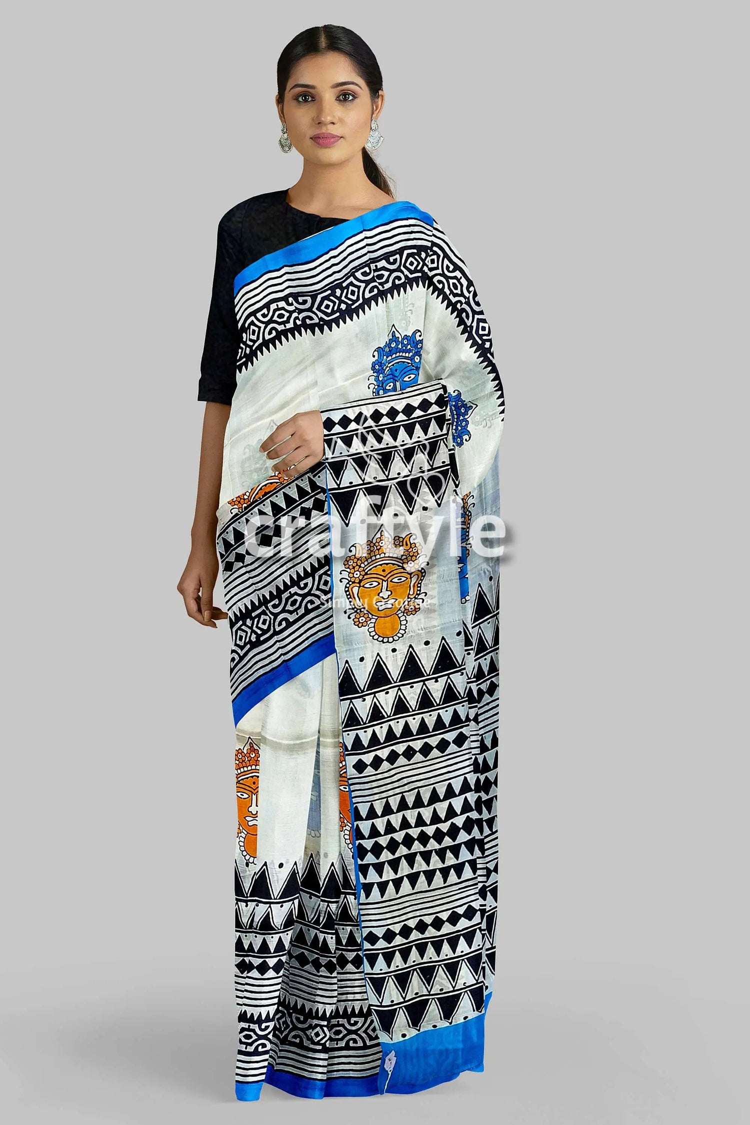Hand block printed mulberry pure silk saree - goddess motif design woman white saree black blue 5