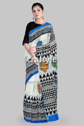 Hand block printed mulberry pure silk saree - goddess motif design woman patterned saree 1
