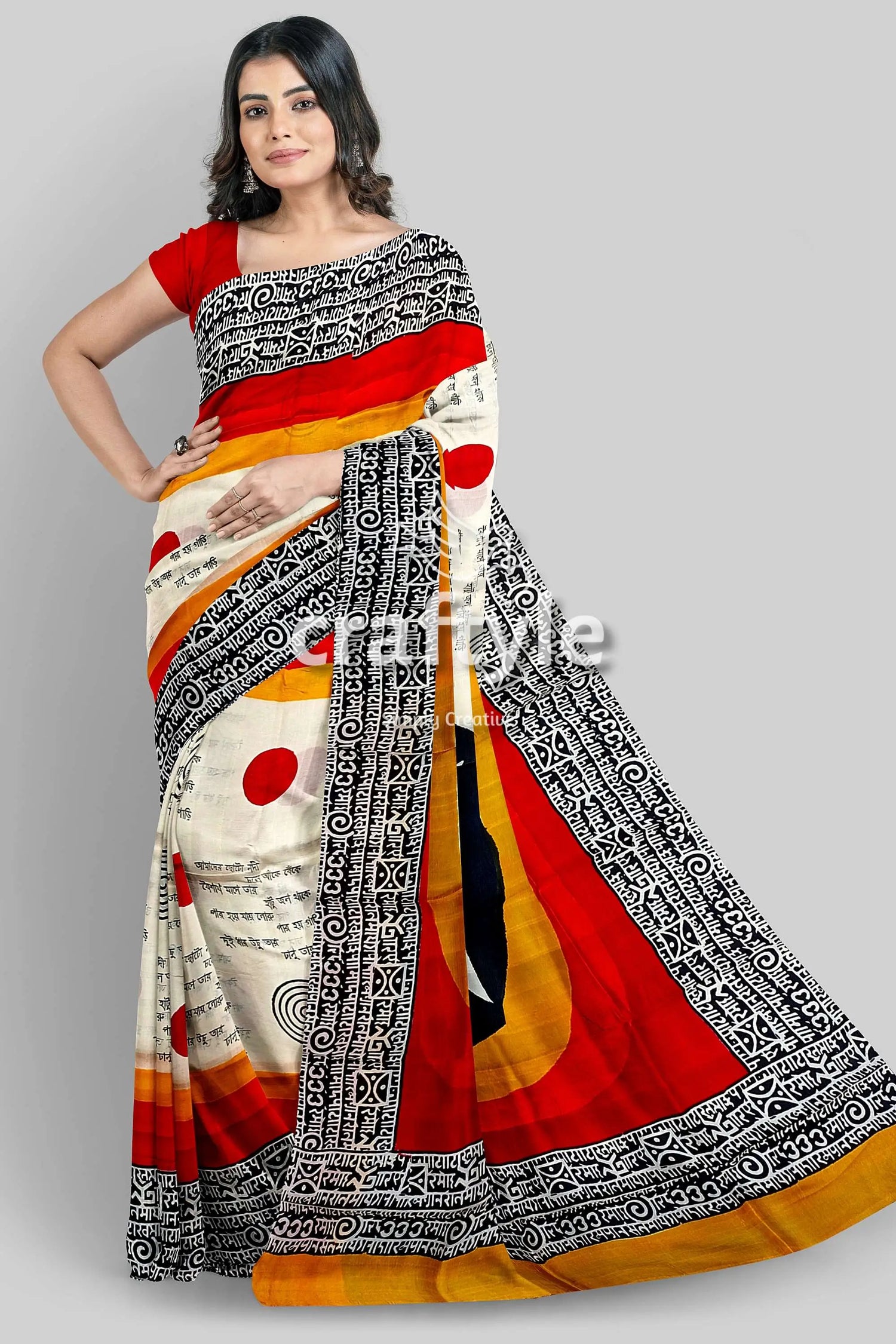Hand block printed mulberry pure silk saree in red and black swastik design woman colorful saree 5