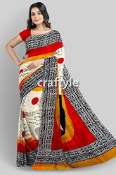 Hand block printed mulberry pure silk saree in red and black swastik design woman colorful saree 5