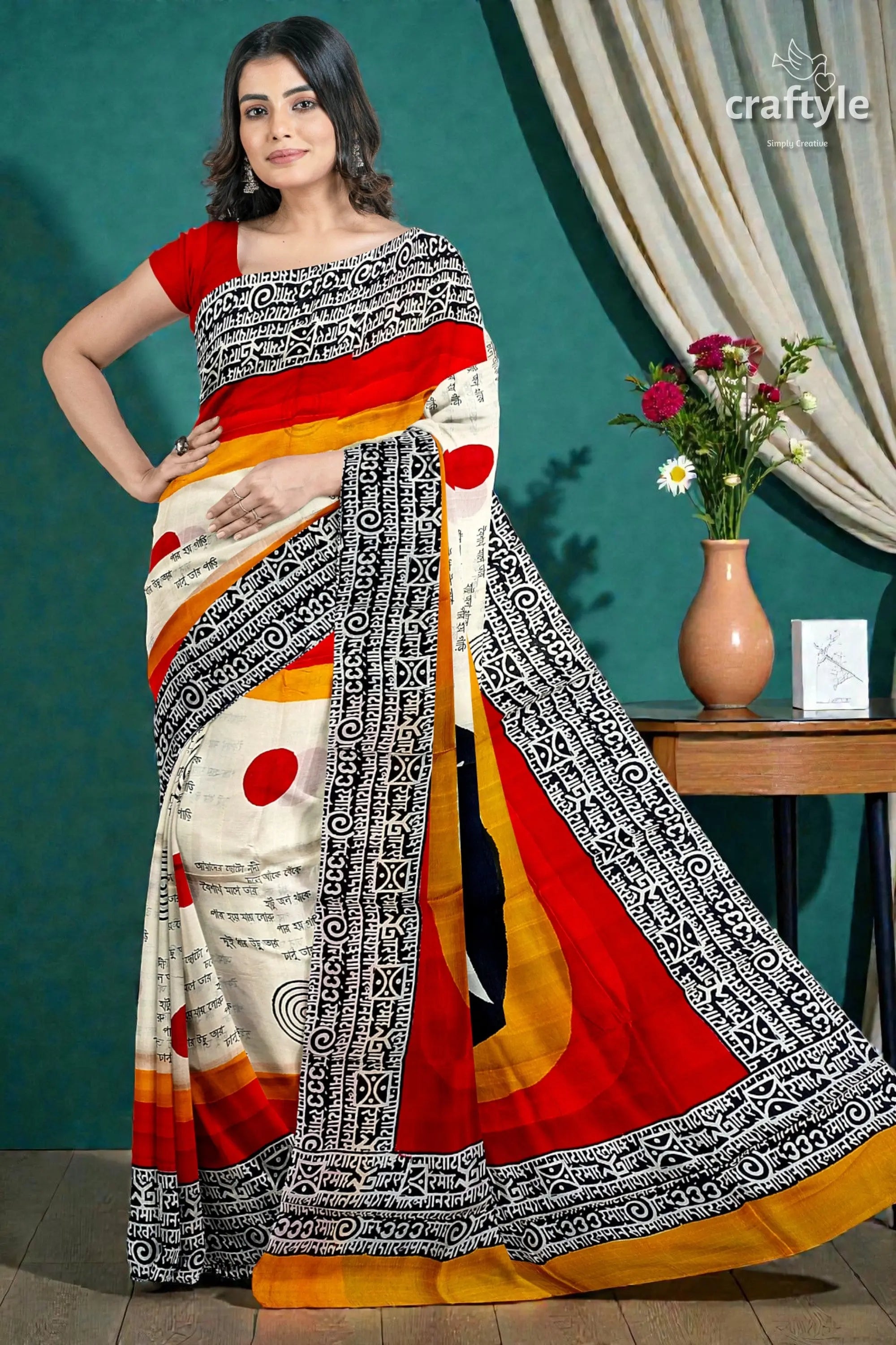 Hand block printed mulberry pure silk saree in red and black swastik design 4