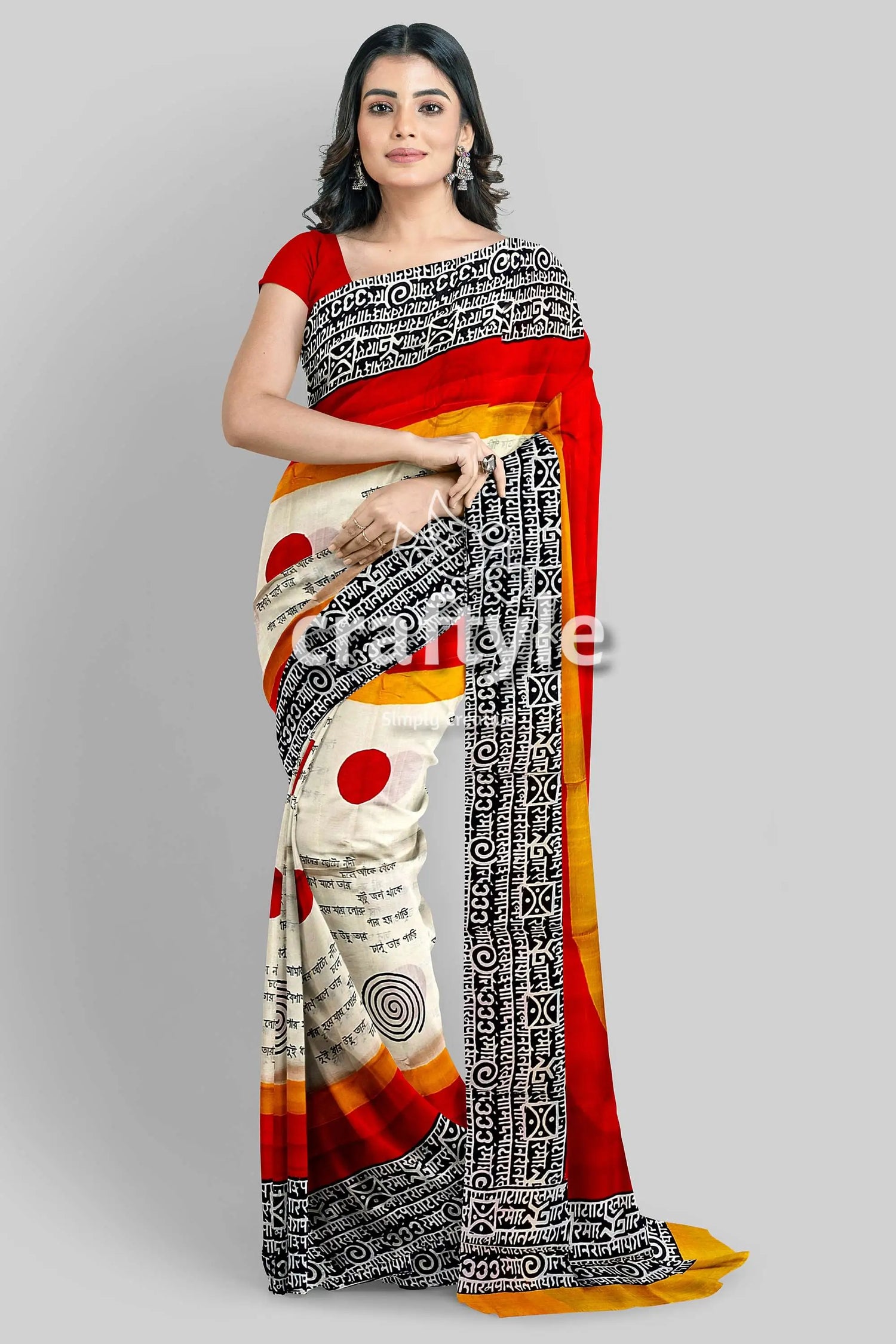 Hand block printed mulberry pure silk saree in red and black swastik design woman red yellow white saree 4
