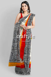 Hand block printed mulberry pure silk saree in red and black swastik design woman patterned saree 1
