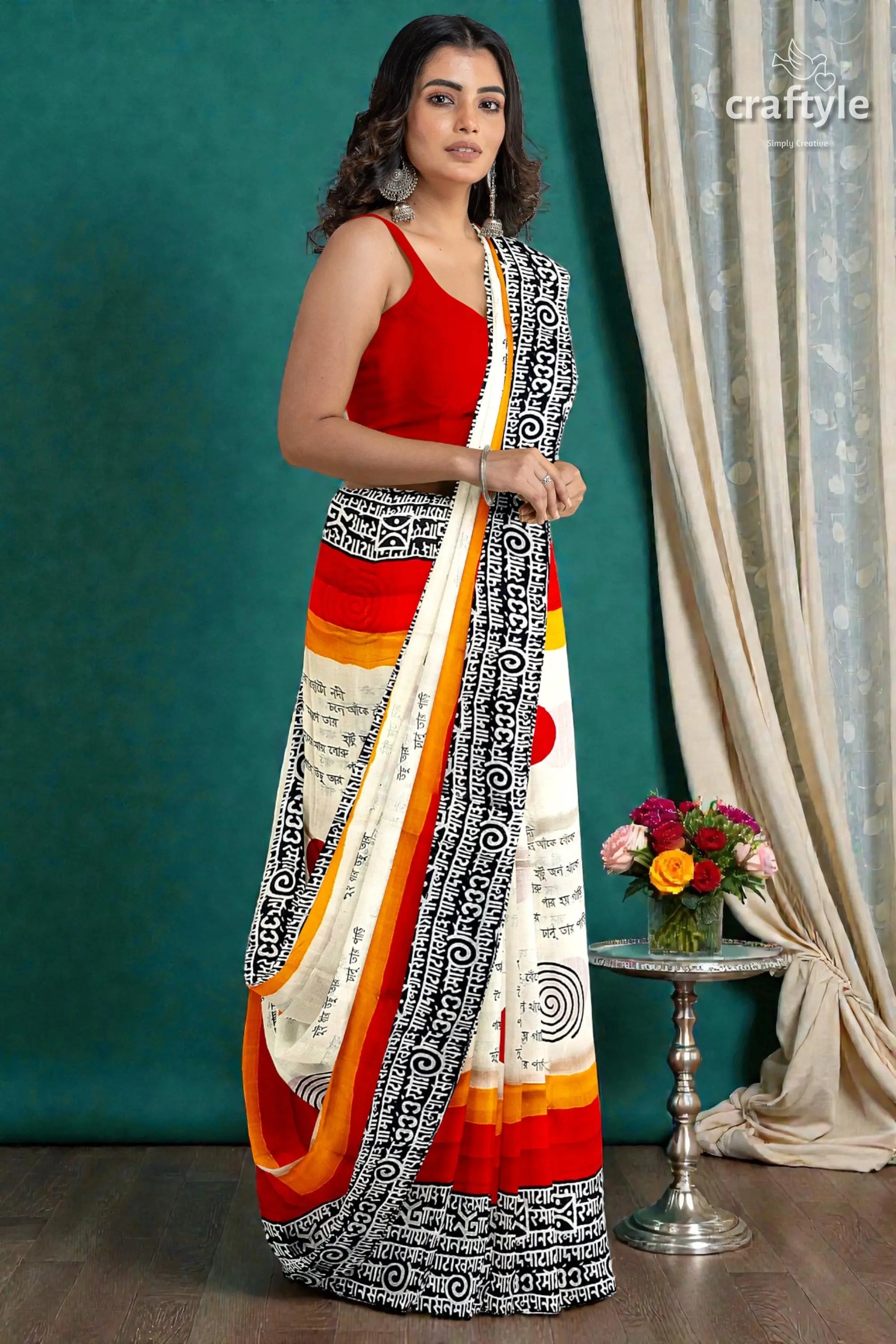 Hand block printed mulberry pure silk saree in red and black swastik design 3