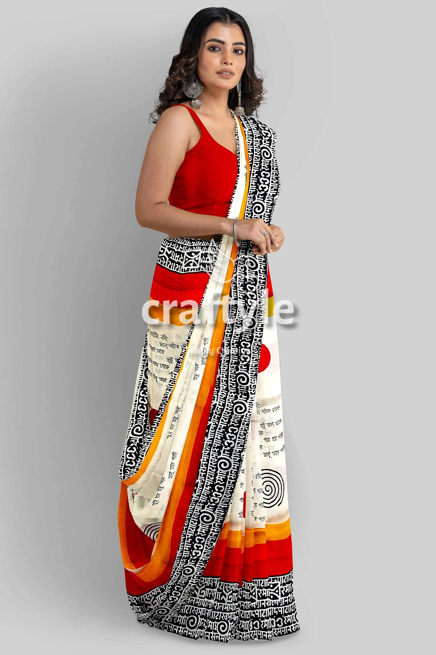 Hand block printed mulberry pure silk saree in red and black swastik design woman patterned saree 3