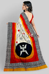 Hand block printed mulberry pure silk saree in red and black swastik design woman colorful saree 6