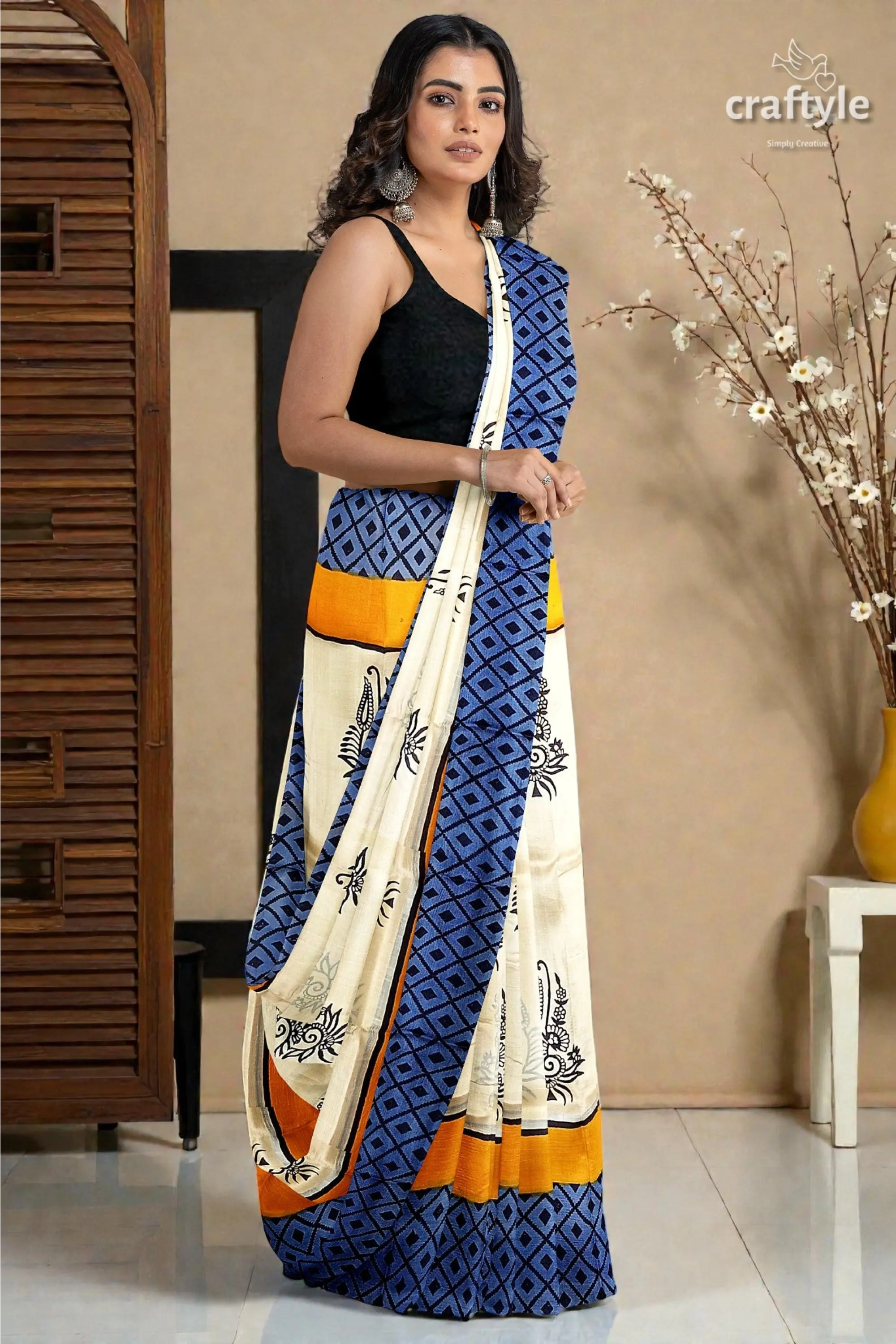 Hand block printed mulberry pure silk saree in white and stone blue 4