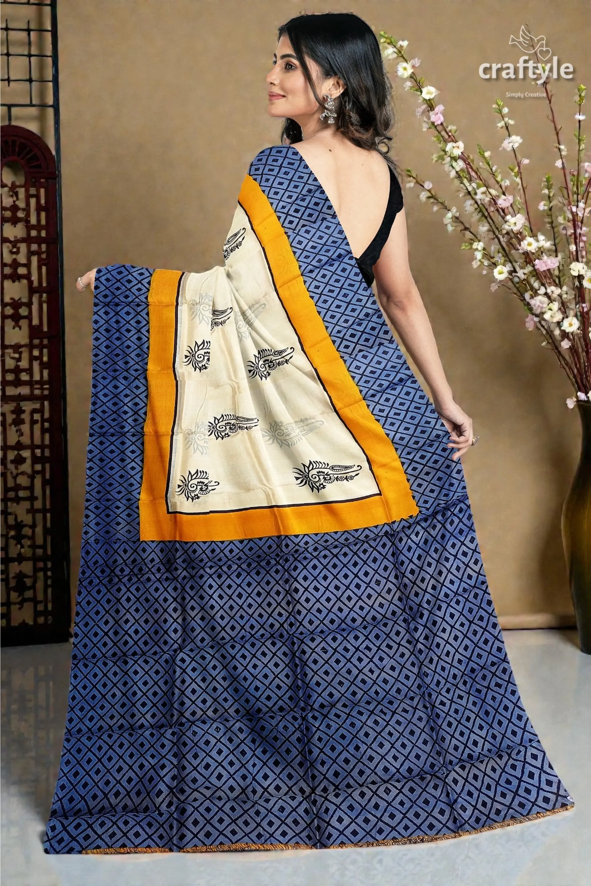 Hand block printed mulberry pure silk saree in white and stone blue 5