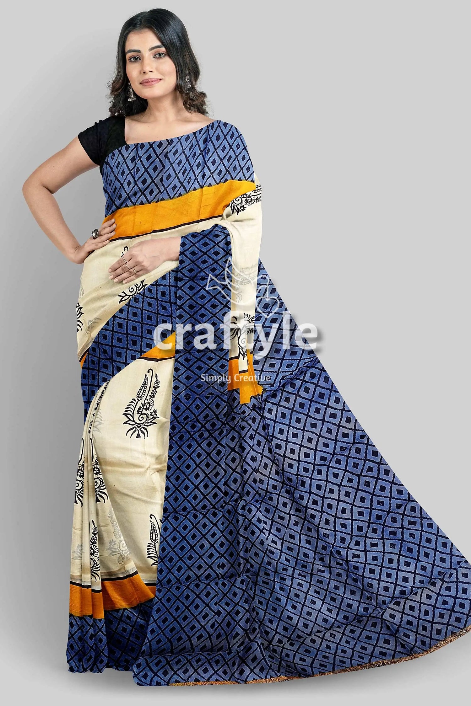 Hand block printed mulberry pure silk saree in white and stone blue woman patterned saree 5