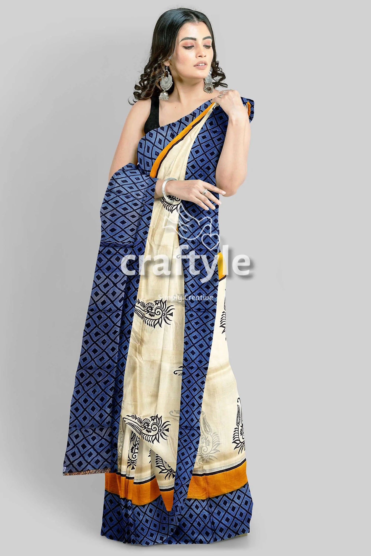 Hand block printed mulberry pure silk saree in white and stone blue woman patterned saree 1