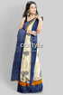 Hand block printed mulberry pure silk saree in white and stone blue woman patterned saree 1