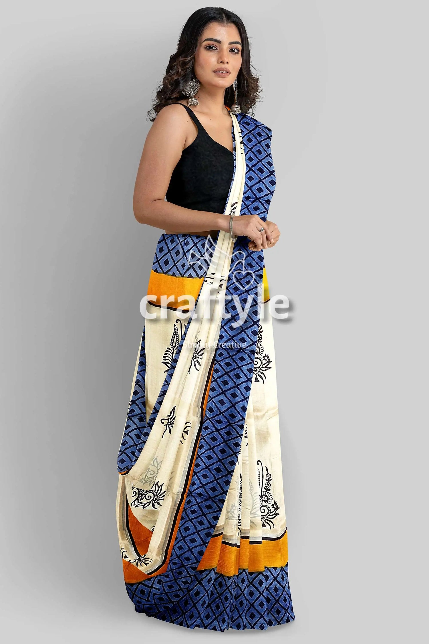 Hand block printed mulberry pure silk saree in white and stone blue woman patterned saree 3