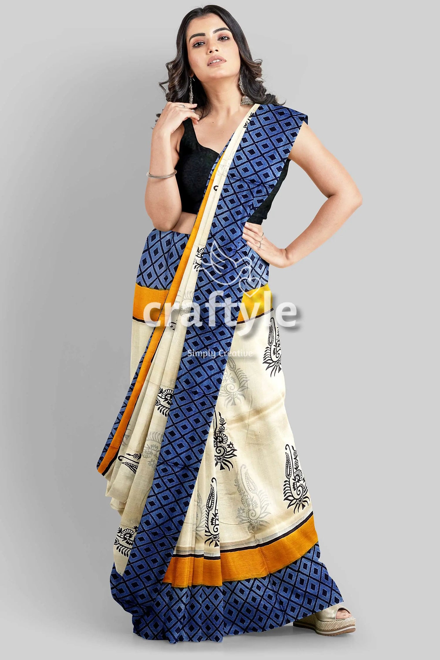 Hand block printed mulberry pure silk saree in white and stone blue woman patterned saree 2