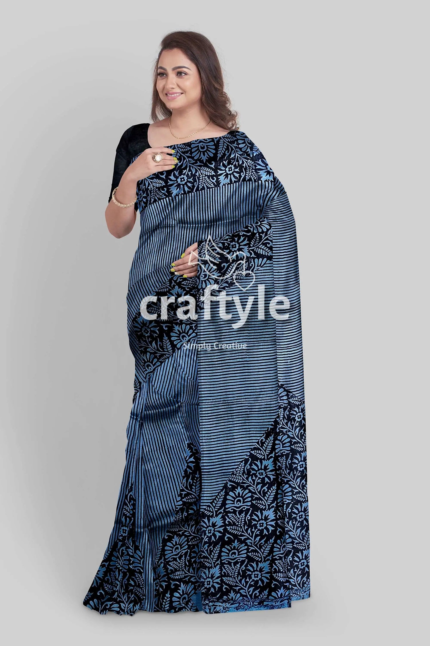 Hand block printed mulberry pure silk saree - silver lake blue woman blue black patterned saree 1
