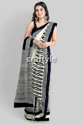 Hand block printed pitch black and white mulberry pure silk saree black white patterned saree 1