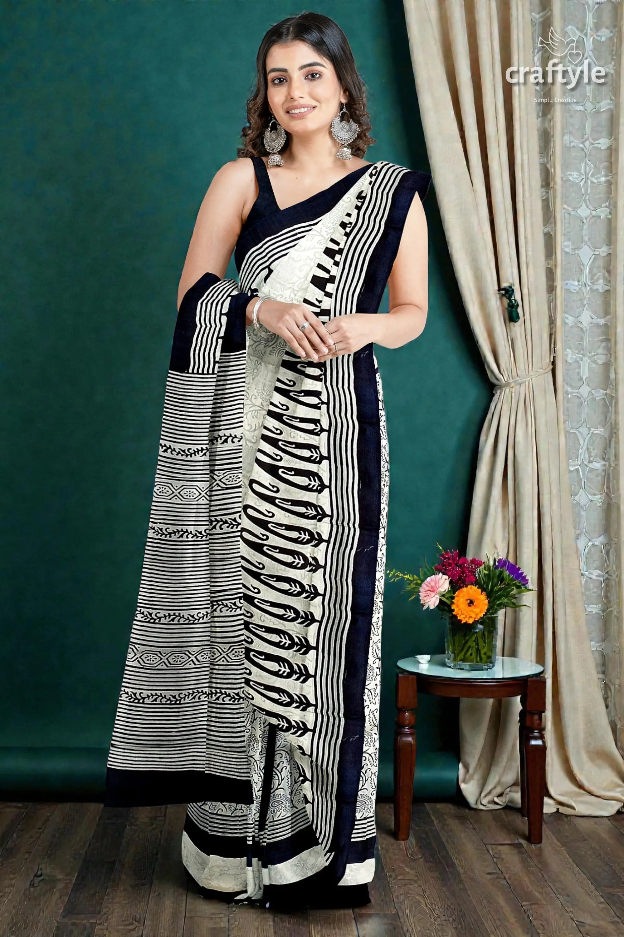 Hand block printed pitch black and white mulberry pure silk saree 3