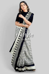 Hand block printed pitch black and white mulberry pure silk saree woman patterned saree 2