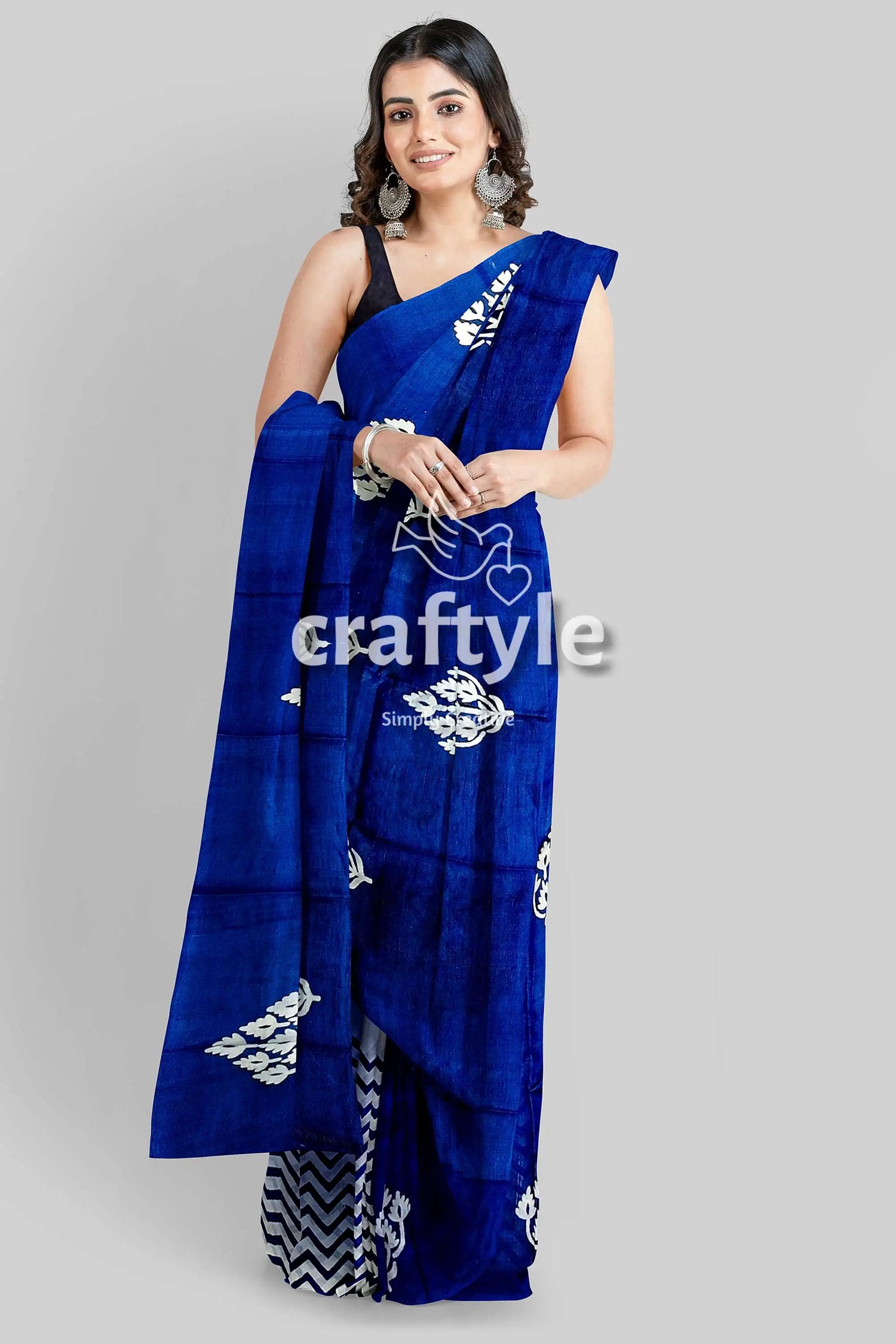 Hand block printed pure mulberry silk saree in denim blue white - indian ethnic wear blue white patterned saree 2