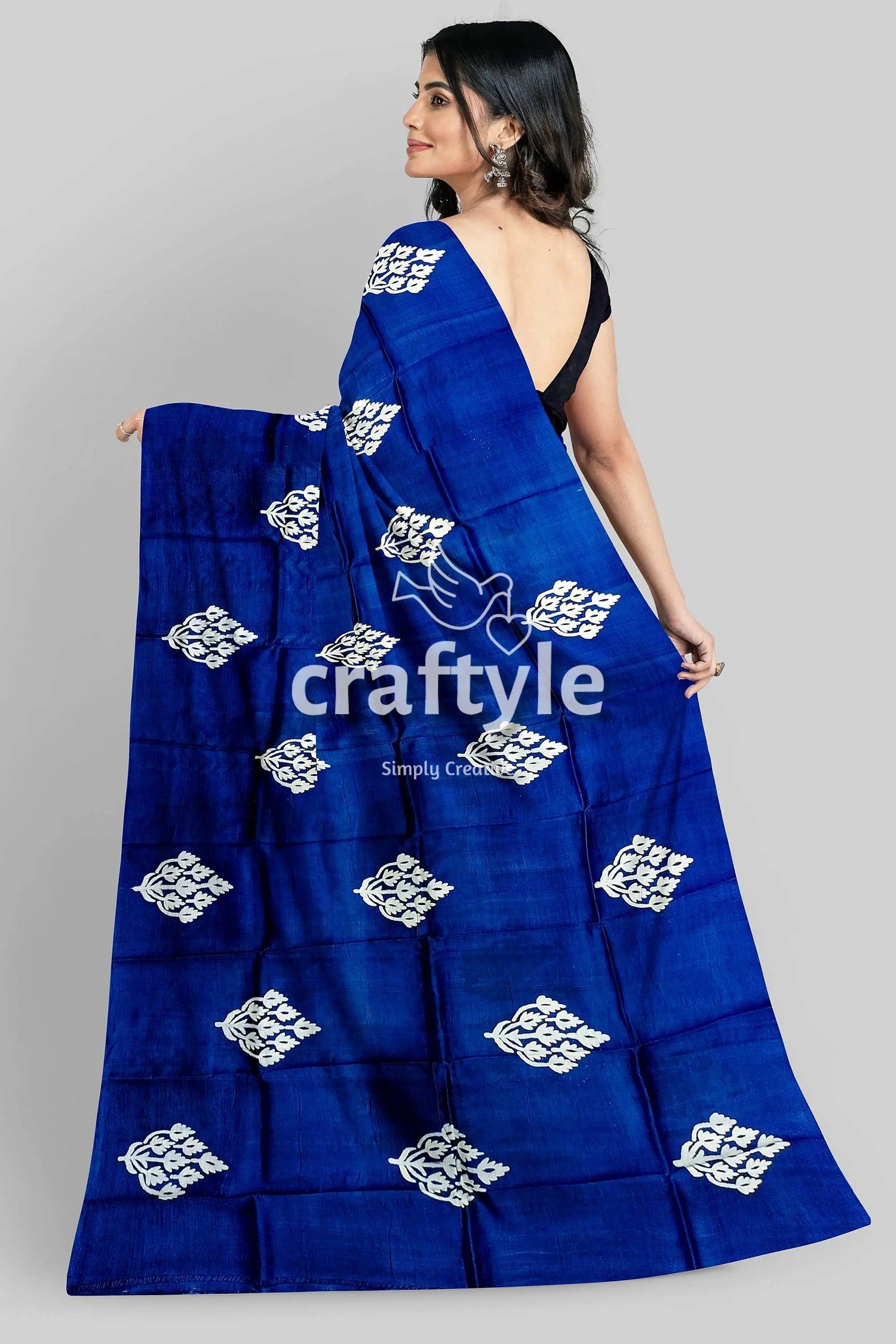 Hand block printed pure mulberry silk saree in denim blue white - indian ethnic wear blue saree white geometric