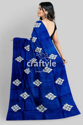 Hand block printed pure mulberry silk saree in denim blue white - indian ethnic wear blue saree white geometric