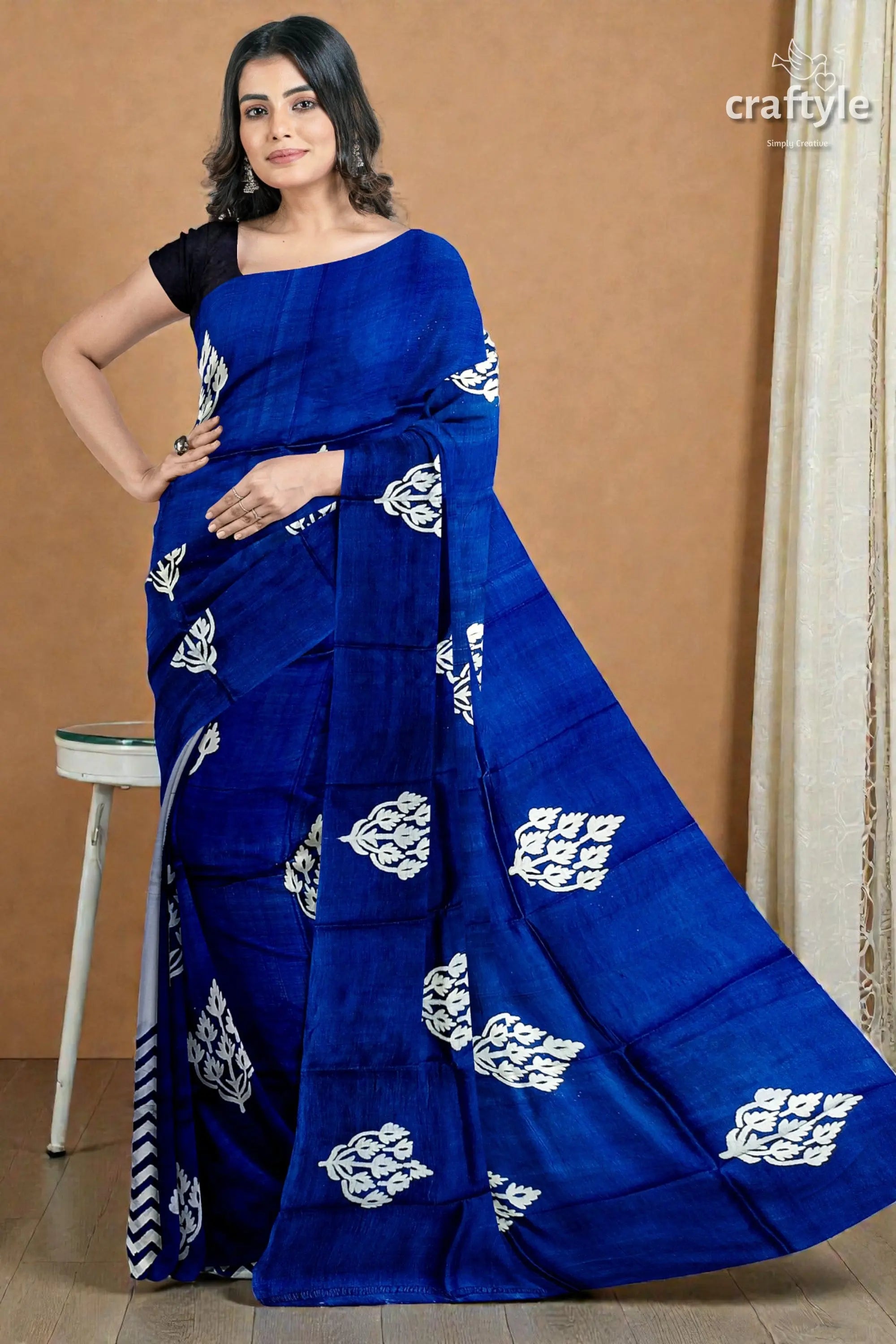 Hand block printed pure mulberry silk saree in denim blue white - indian ethnic wear 4