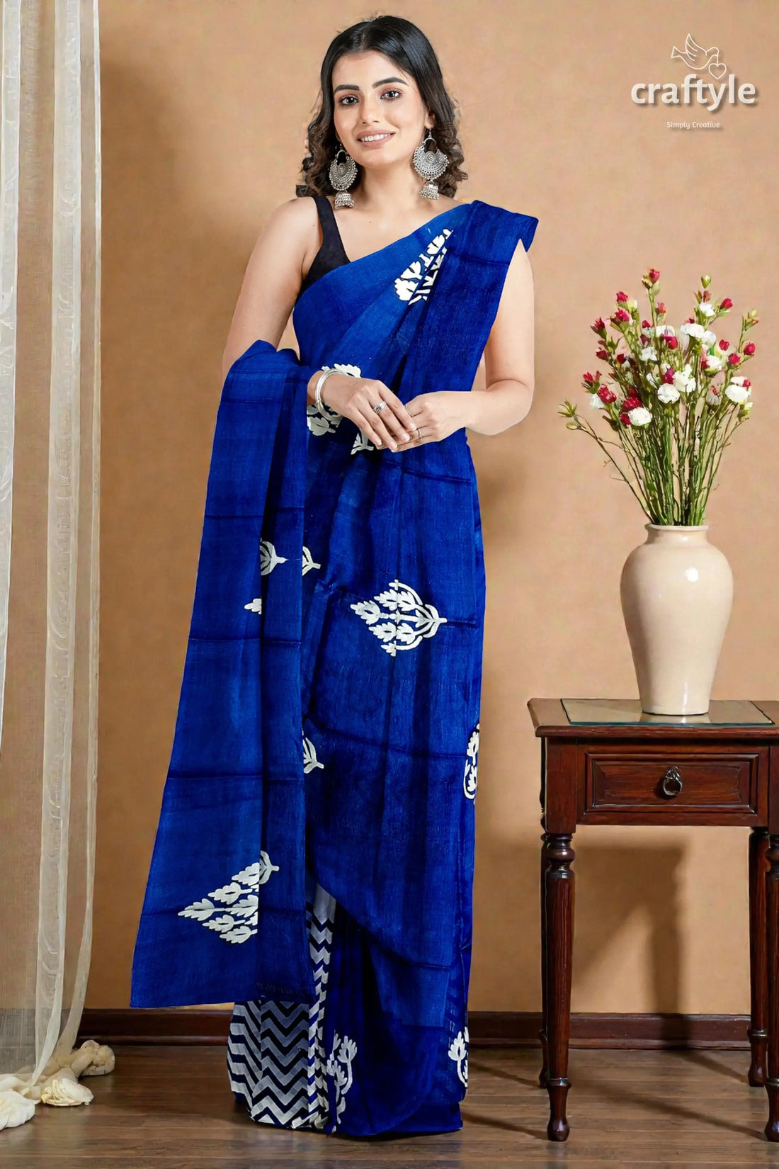 Hand block printed pure mulberry silk saree in denim blue white - indian ethnic wear 2