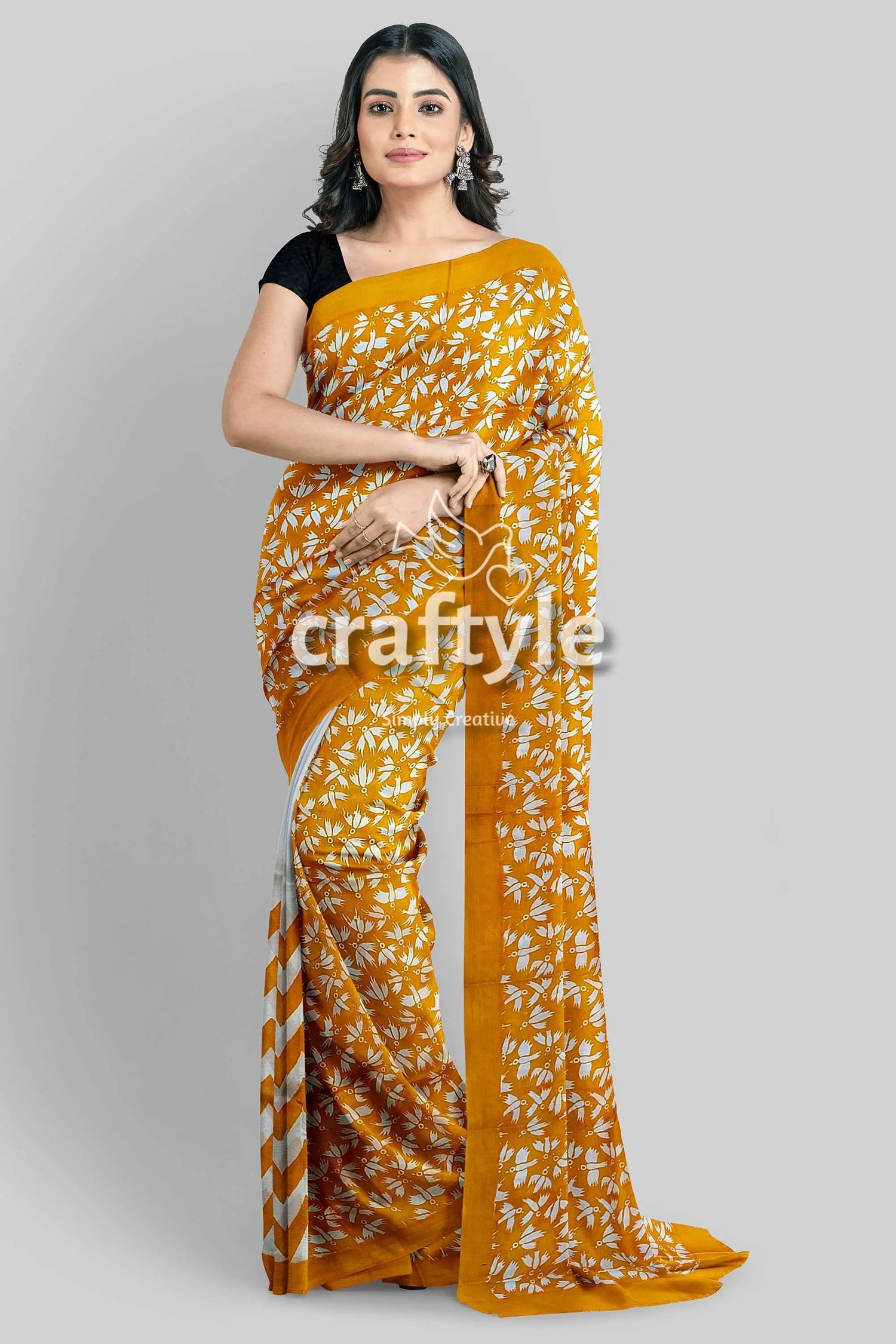 Hand block printed pure mulberry silk saree in sand yellow with butterfly motif woman mustard floral saree 4