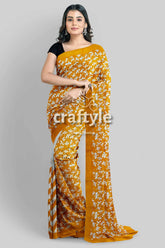 Hand block printed pure mulberry silk saree in sand yellow with butterfly motif woman mustard floral saree 4