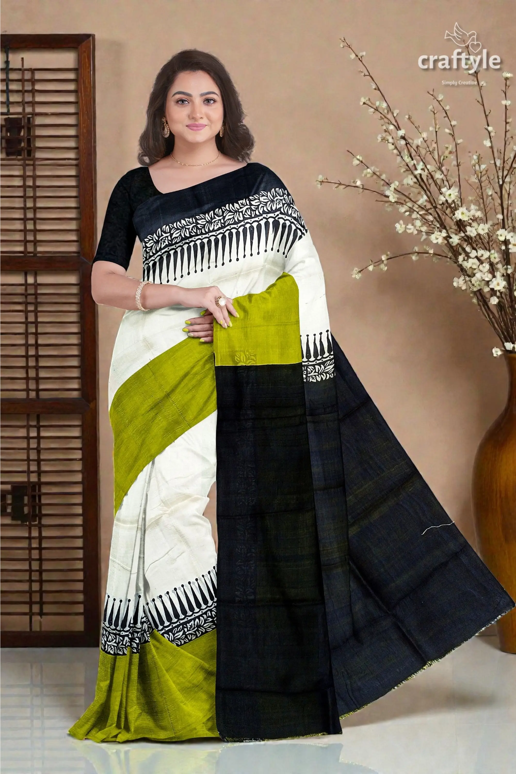 Hand block printed pure mulberry silk saree - lemon green black 4