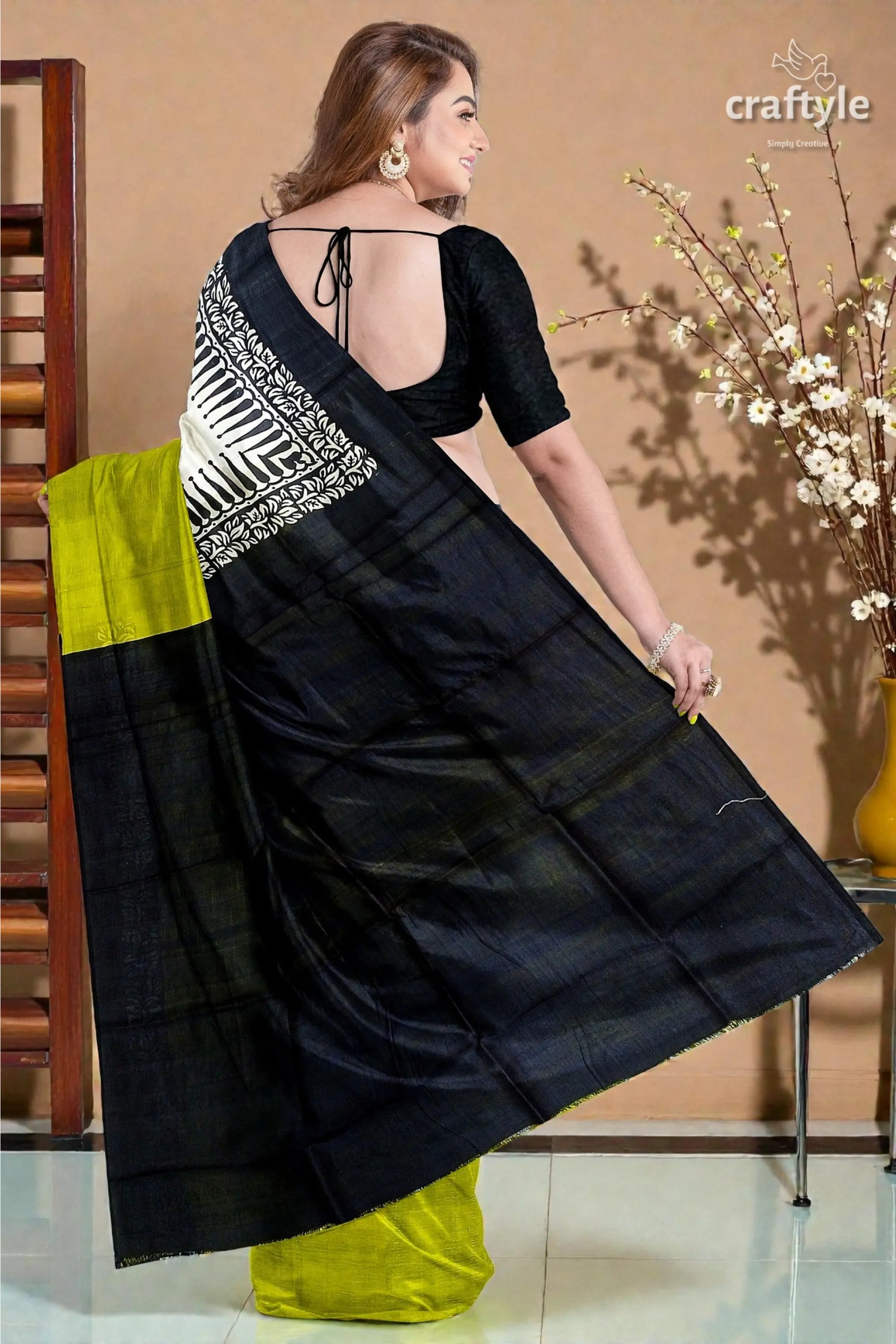 Hand block printed pure mulberry silk saree - lemon green black 6