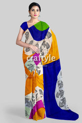 Hand block printed pure mulberry silk saree - yellow orange and blue colorful patterned saree 3