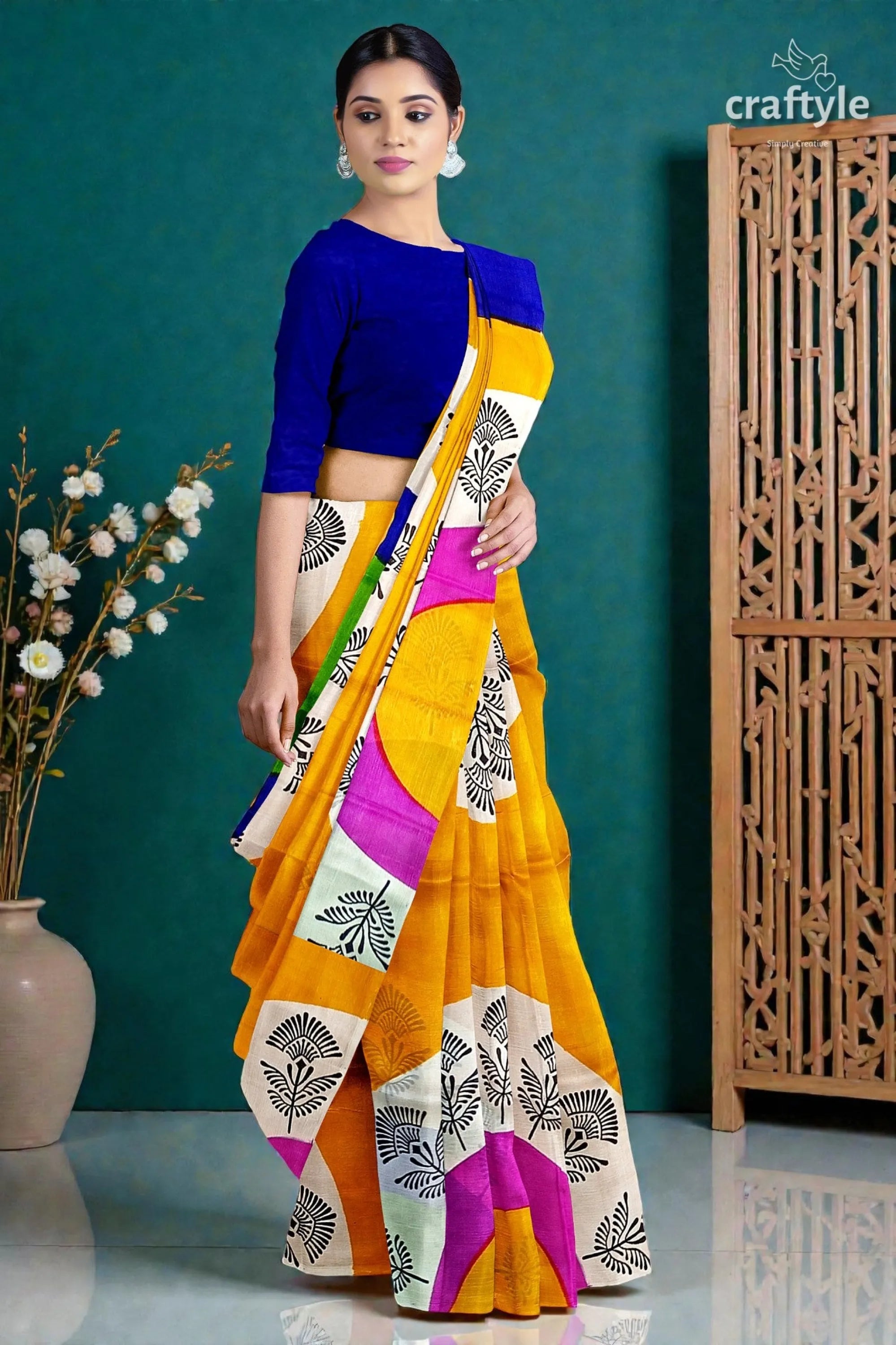 Hand block printed pure mulberry silk saree - yellow orange and blue vibrant yellow pink saree black 4