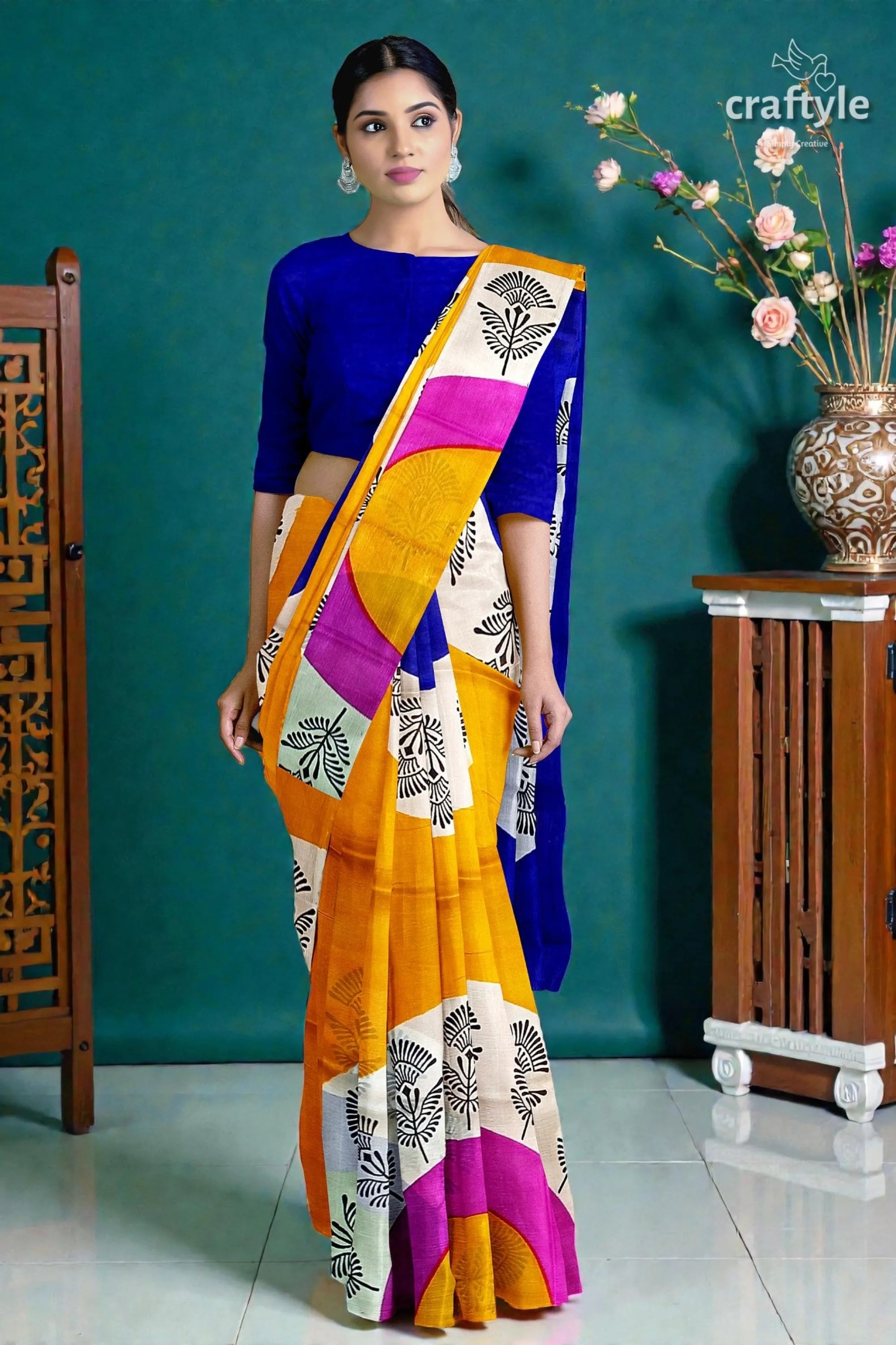 Hand block printed pure mulberry silk saree - yellow orange and blue vibrant multi-colored saree bold geometric 6
