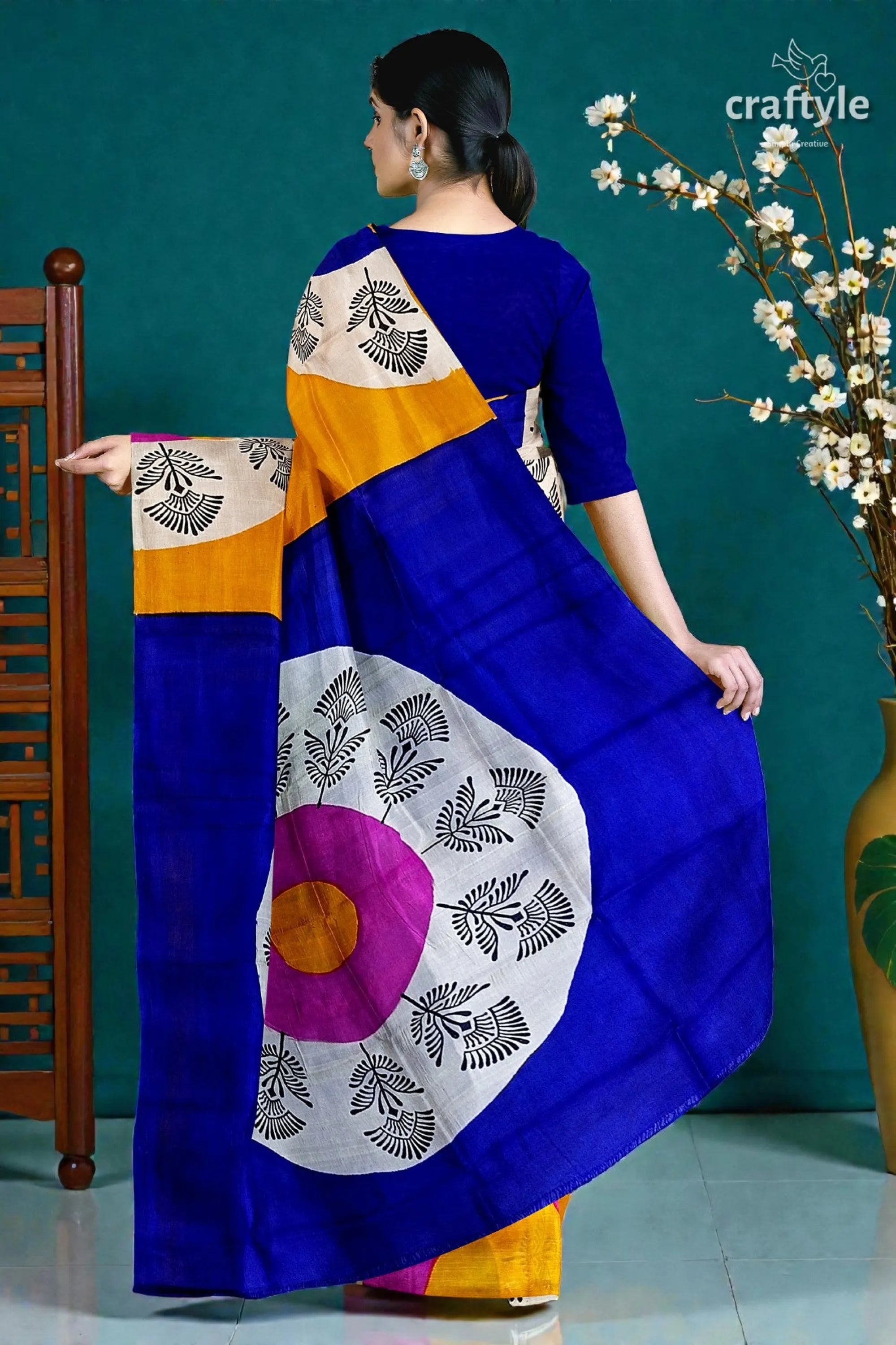 Hand block printed pure mulberry silk saree - yellow orange and blue vibrant blue silk saree bold 5
