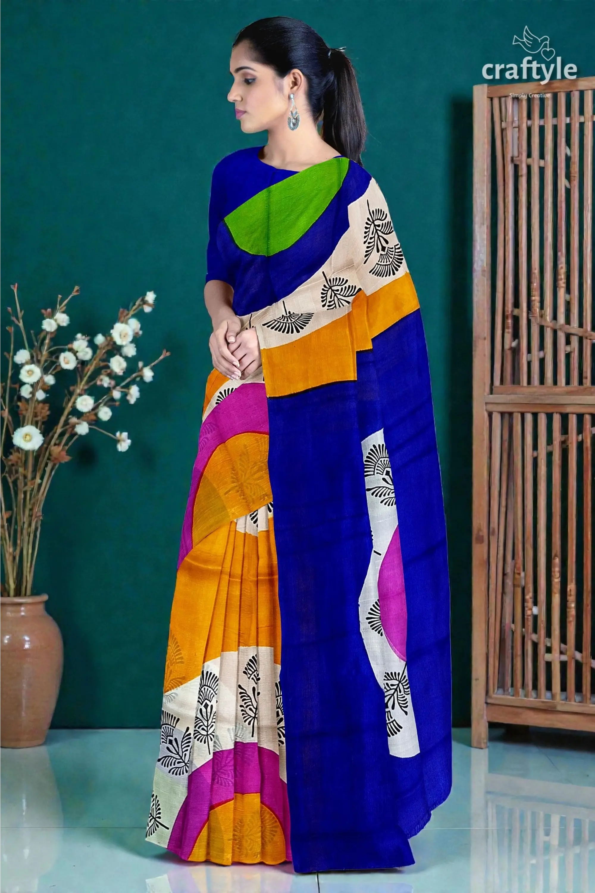 Hand block printed pure mulberry silk saree - yellow orange and blue 2